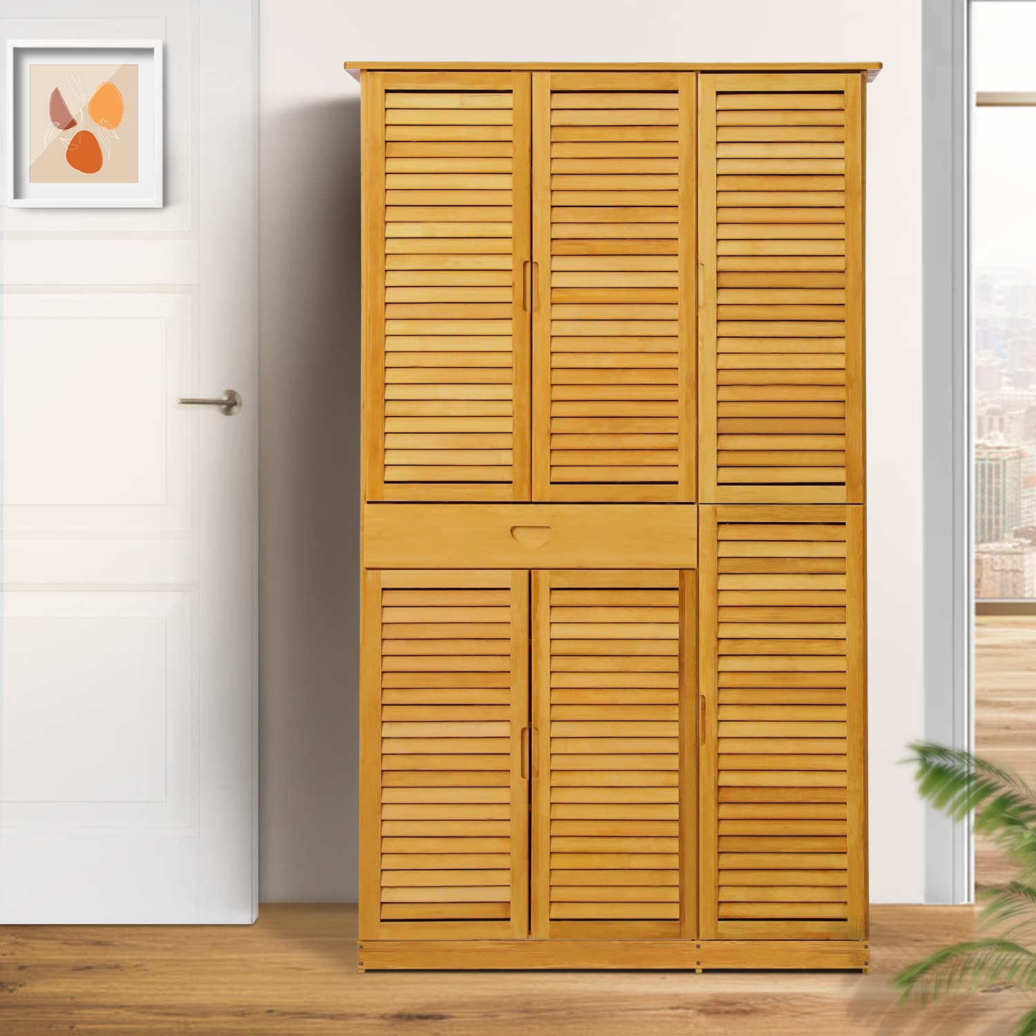 MoNiBloom Large Shoe Storage Cabinet Organizer with Shutter Doors & Drawer - Holds 40+ Pairs of Shoes for Entryway, Hallway, Bedroom & Living Room - Natural Wooden Shoe Rack for Home Organization & Space Saving