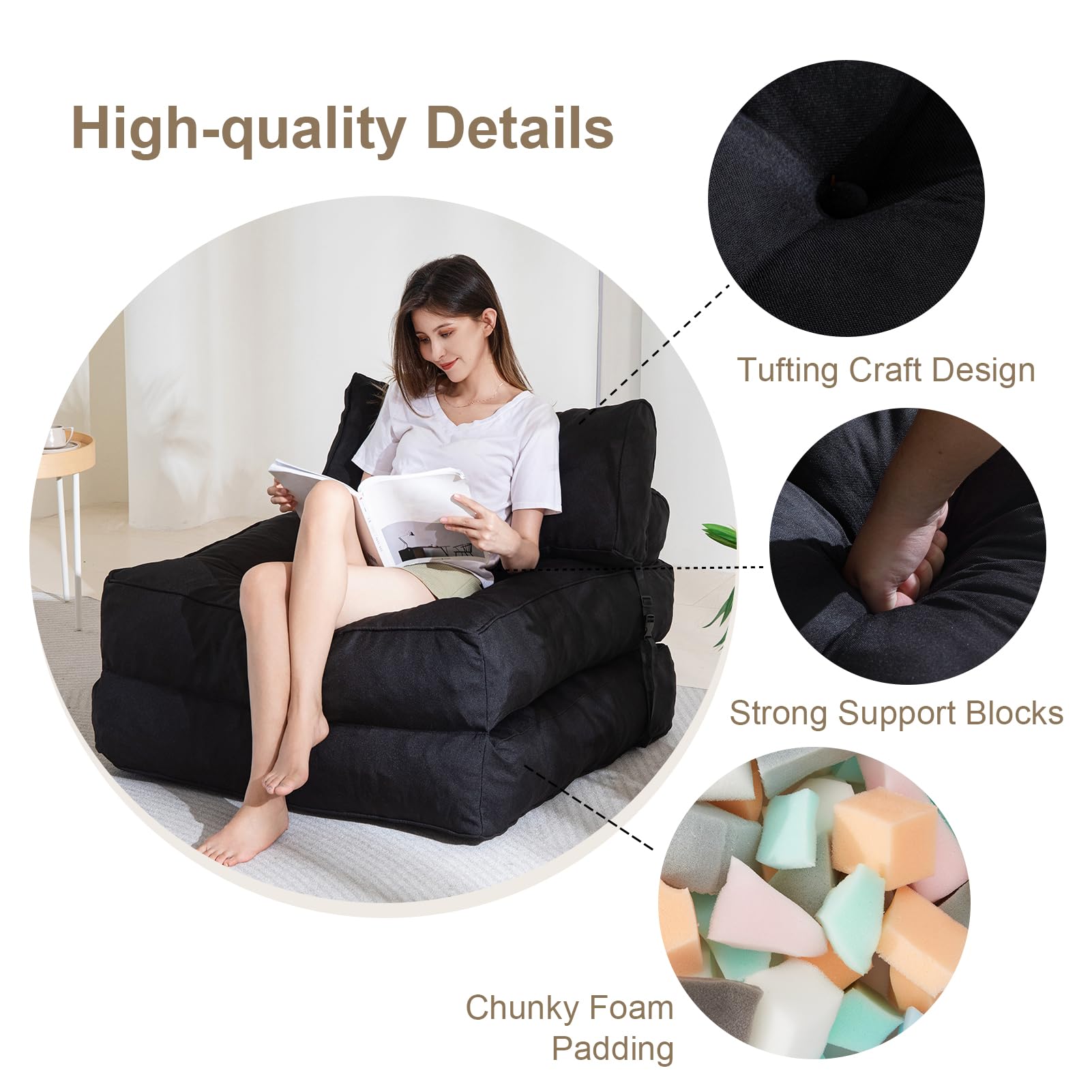MAXYOYO Folding Couch Sofa Bed - Convertible Sleeper Chair with Back Support & Pillow, Black - Perfect for Small Spaces, Guest Rooms & Apartments