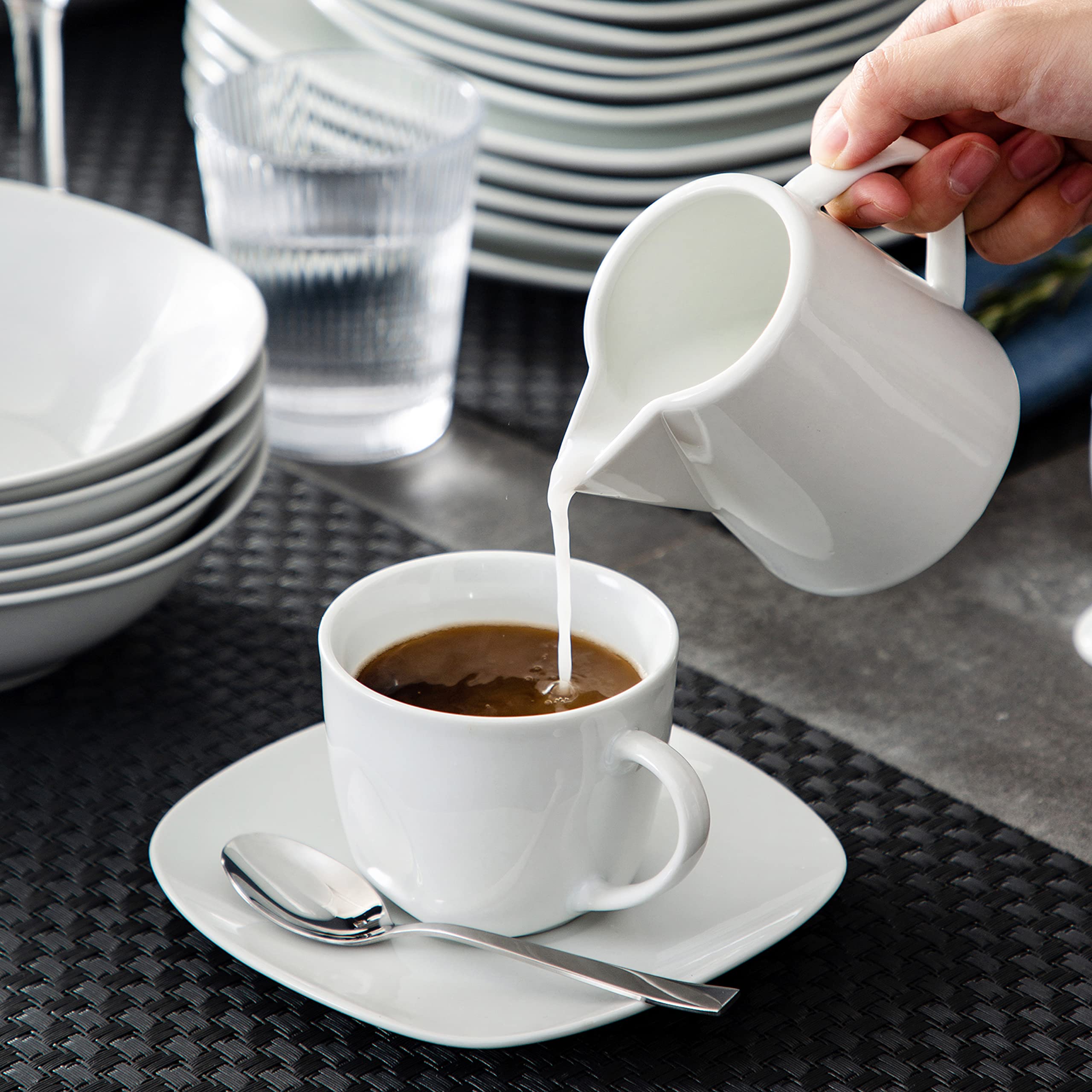 MALACASA 100-Piece Grey White Dinnerware Set for 12 - Square Plates, Bowls, Cups & Saucers with Egg Cups, Sugar Pot & Milk Jar - Elegant Elisa Series for Formal Dining, Wedding Registry & Holiday Entertaining