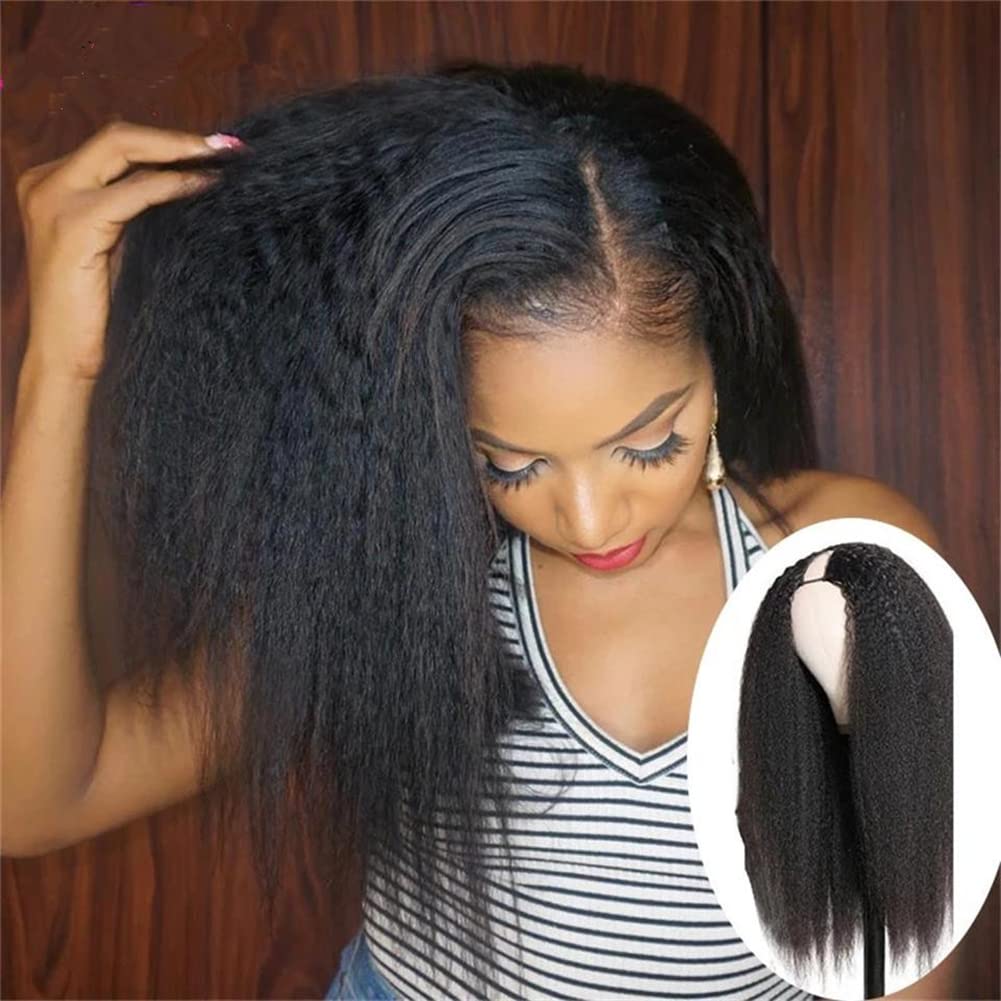 18 Inch Brazilian Virgin Human Hair V Part Wig - Kinky Straight Yaki Texture Glueless Half Wig with Clips for Black Women | Perfect for Daily Wear, Parties & Protective Styling