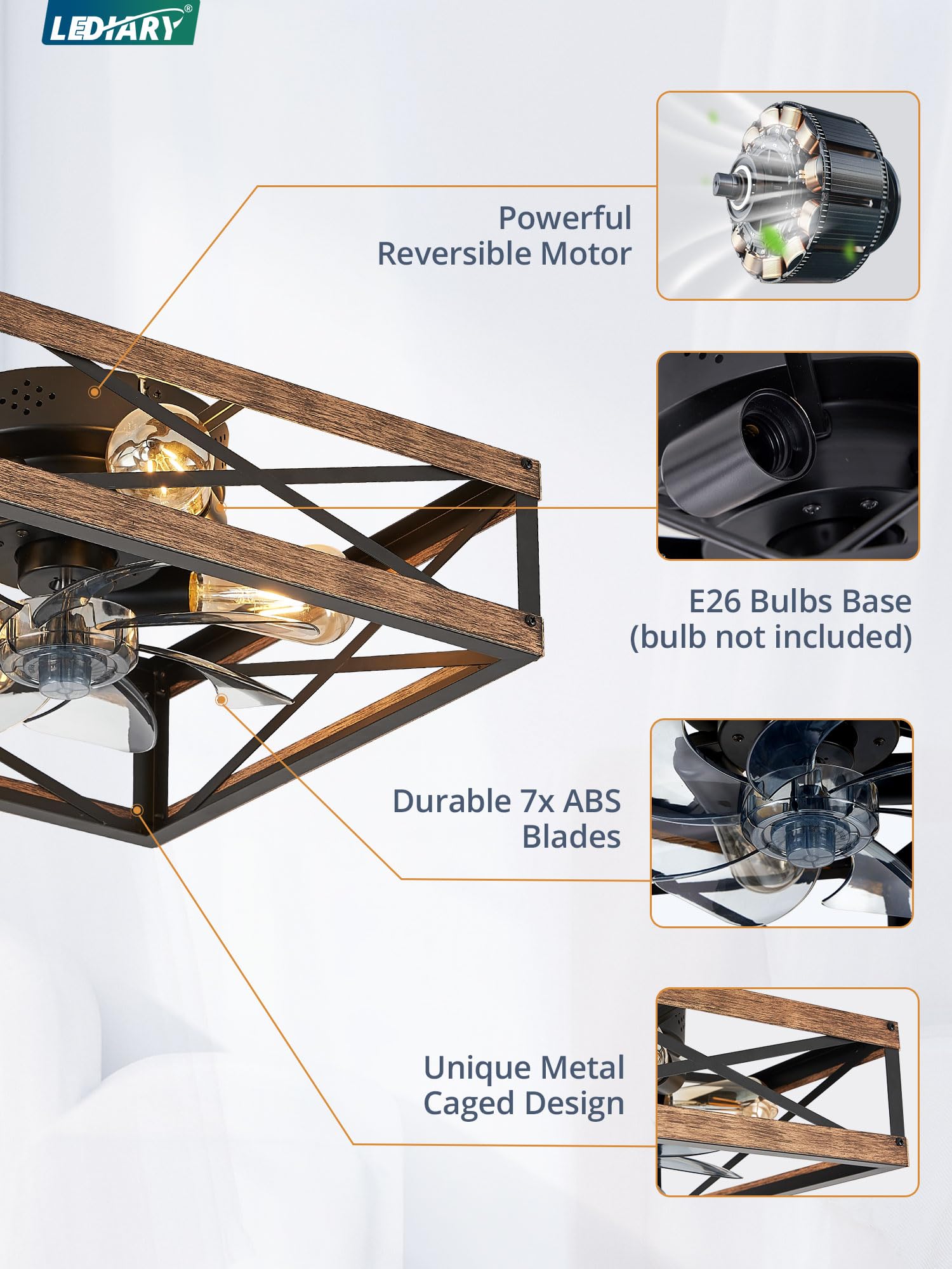 LEDIARY Rustic Square Flush Mount Ceiling Fan with Lights - 6 Speed Reversible Bladeless Design, Remote Control Included - Perfect for Bedroom, Kitchen, Dining Room & Small Farmhouse Spaces | Energy Efficient & Quiet Operation