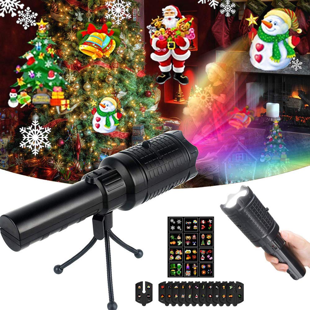 WHHJW LED Projector Light with 12 Slide Patterns - Handheld Flashlight for Christmas Halloween Easter Parties - USB Rechargeable with Tripod - Dynamic & Static Projection for Indoor Outdoor Events Birthday Carnival Decorations