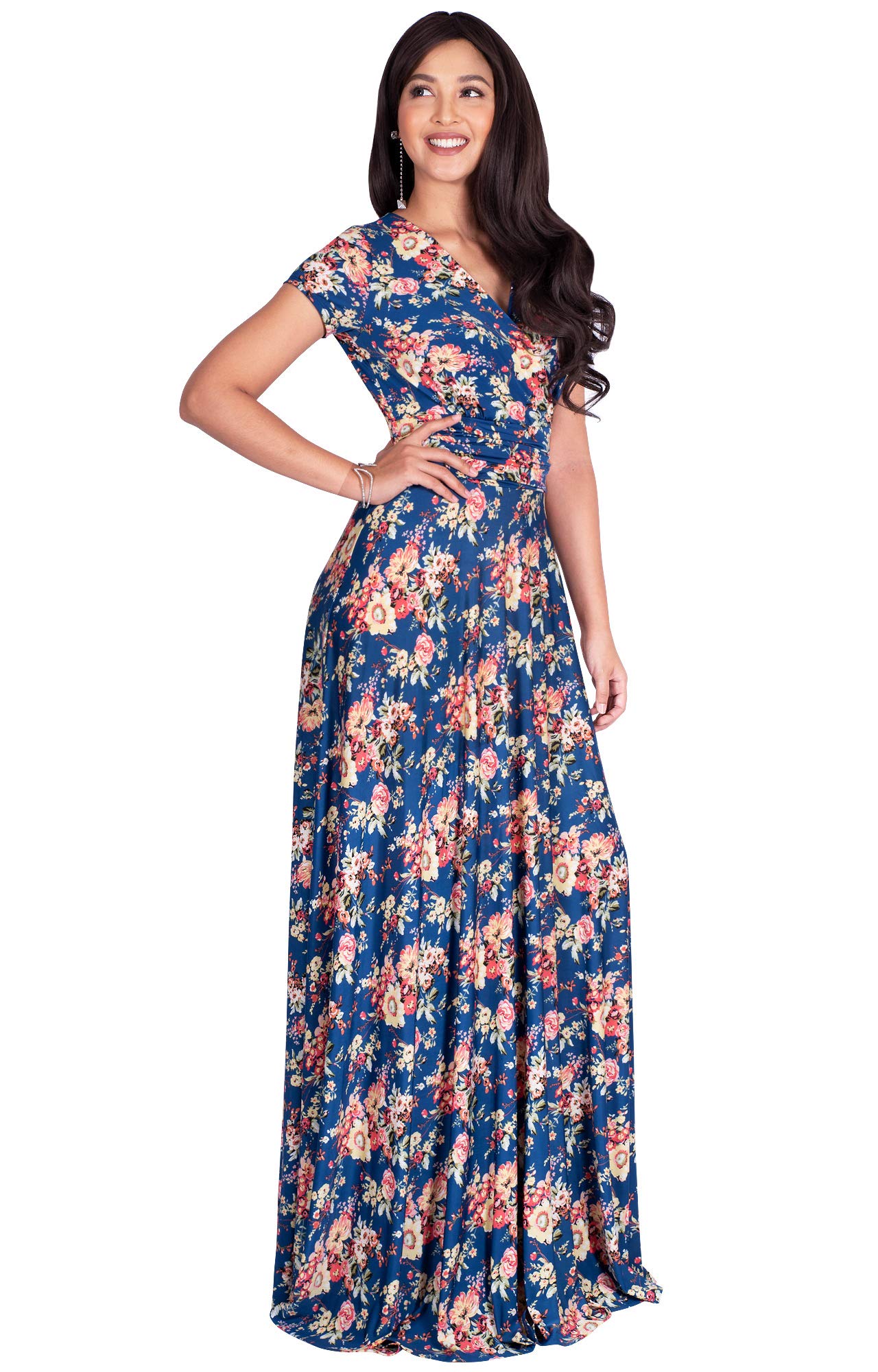 KOH KOH Women's Long Maxi Summer Dress - Floral Print Short Sleeve Flowy Modest Gown for Beach, Vacation & Casual Wear