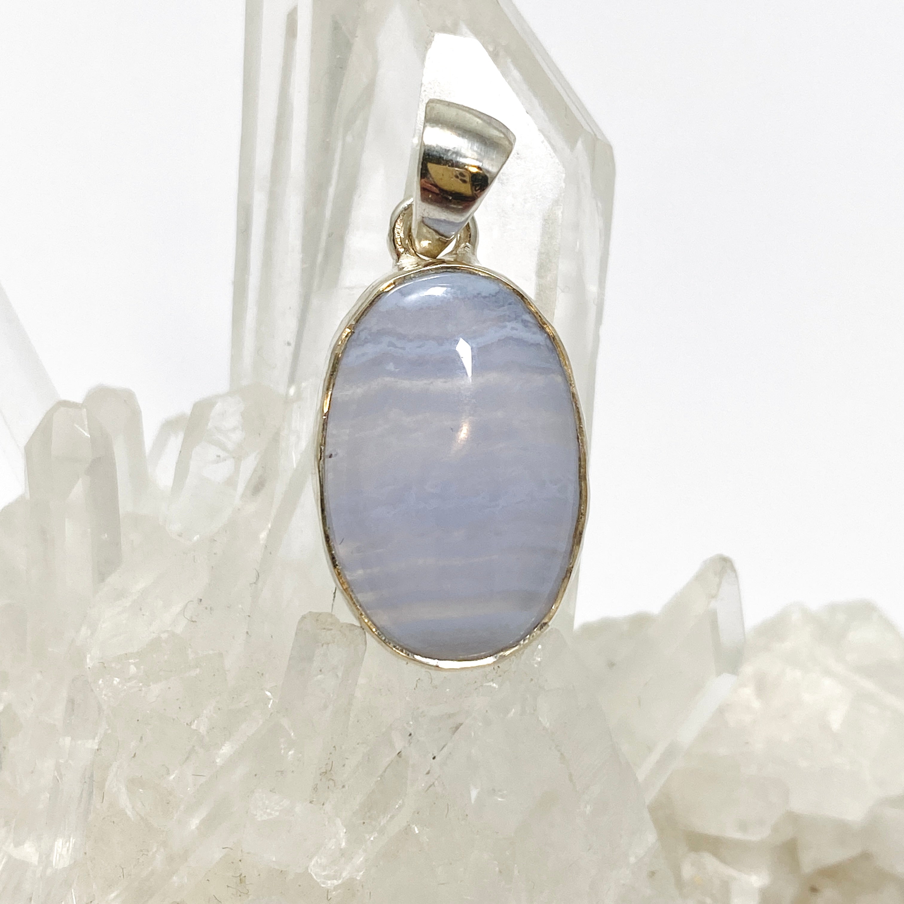 Blue Lace Agate Oval Cabochon Pendant in Hammered Sterling Silver Setting KPGJ4818 - Perfect for Boho Jewelry & Spiritual Healing