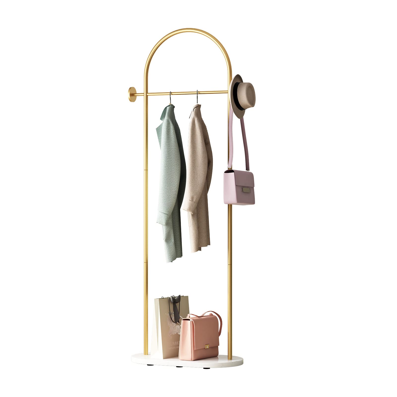 DR.IRON Modern Gold Freestanding Clothes Rack with Shelves - Heavy Duty Coat Hanger Stand with Marble Base & Umbrella Holder for Entryway, Hallway, Office or Bedroom - Perfect for Organizing Jackets, Hats & Accessories in Small Spaces