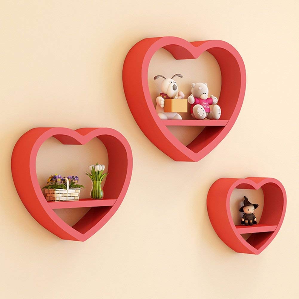 WIN&FACATORY Floating Shelves Set of 3 - Wall Mounted Wooden Shelf Brackets with Heart Design, Modern Storage Rack for Bedroom & Living Room Decor - Red (Perfect for Displaying Photos, Books & Decorative Items)
