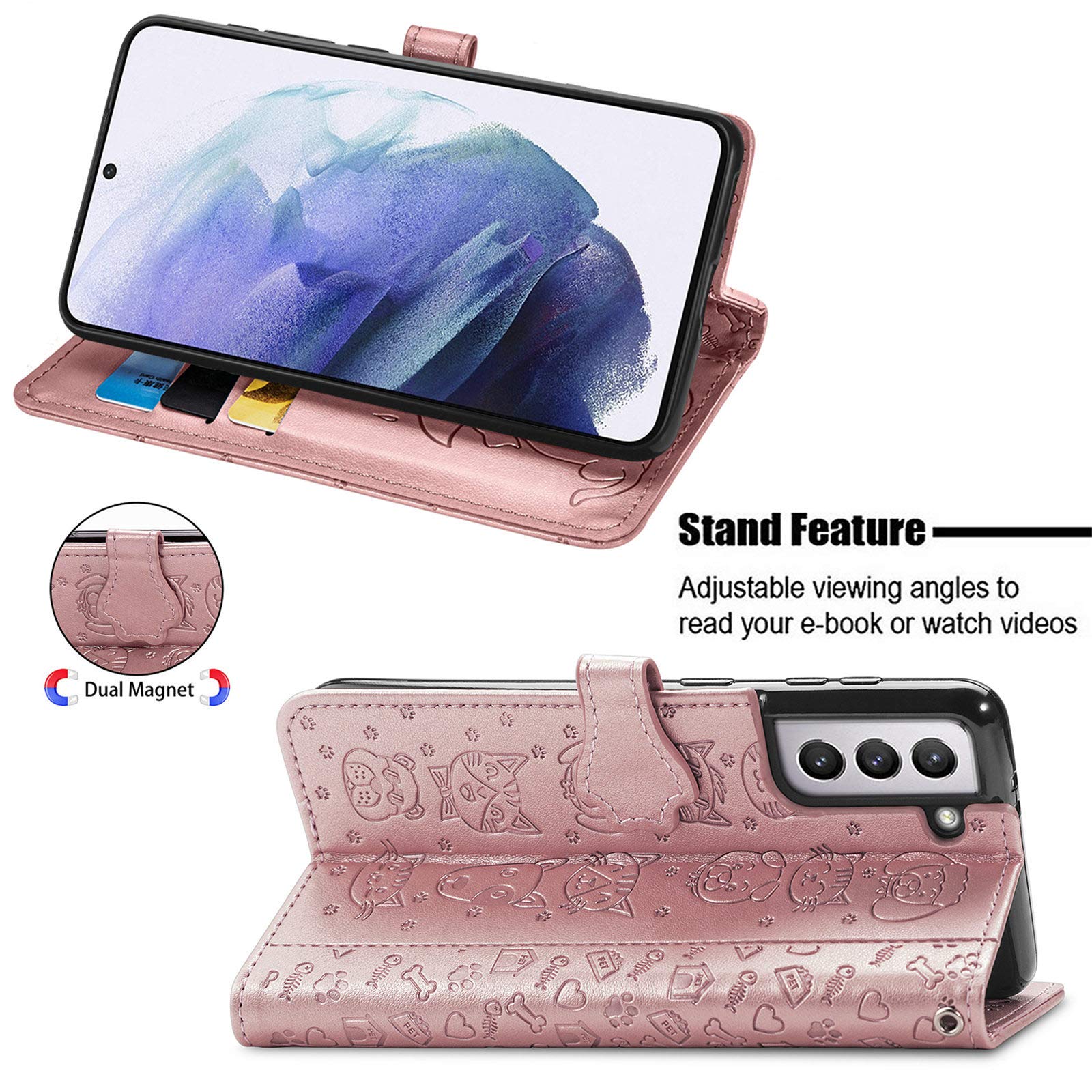 Cute Cartoon Wallet Case for Samsung Galaxy S22 - Cat & Dog Style Flip Cover with ID Card Holder, PU Leather Phone Case (Rose Gold) - Perfect for Daily Use, Travel & Work