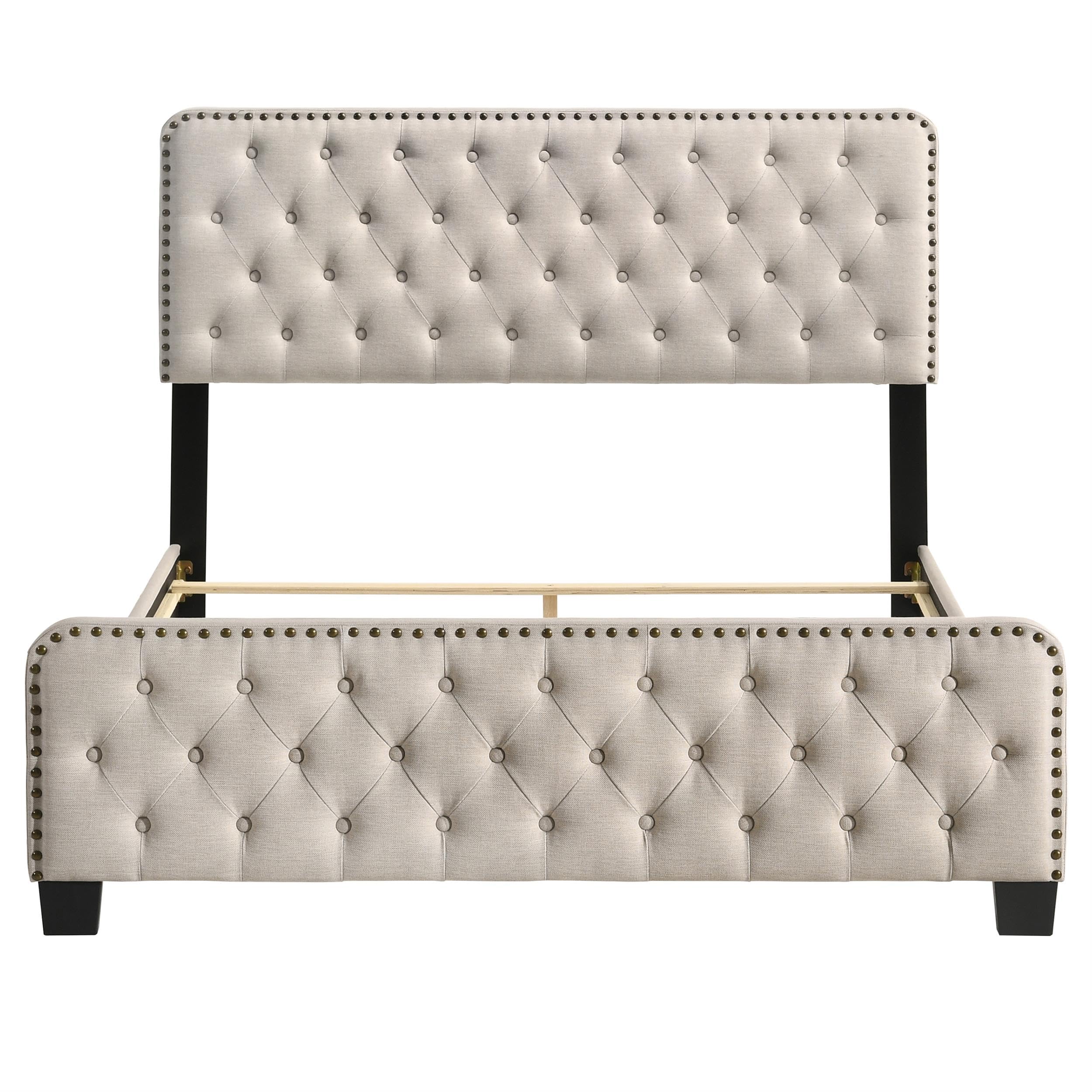 Furniture of America Dexter Beige Button Tufted Queen Upholstered Wood Bed Frame - Elegant Tufted Headboard for Master Bedroom, Guest Room & Home Decor