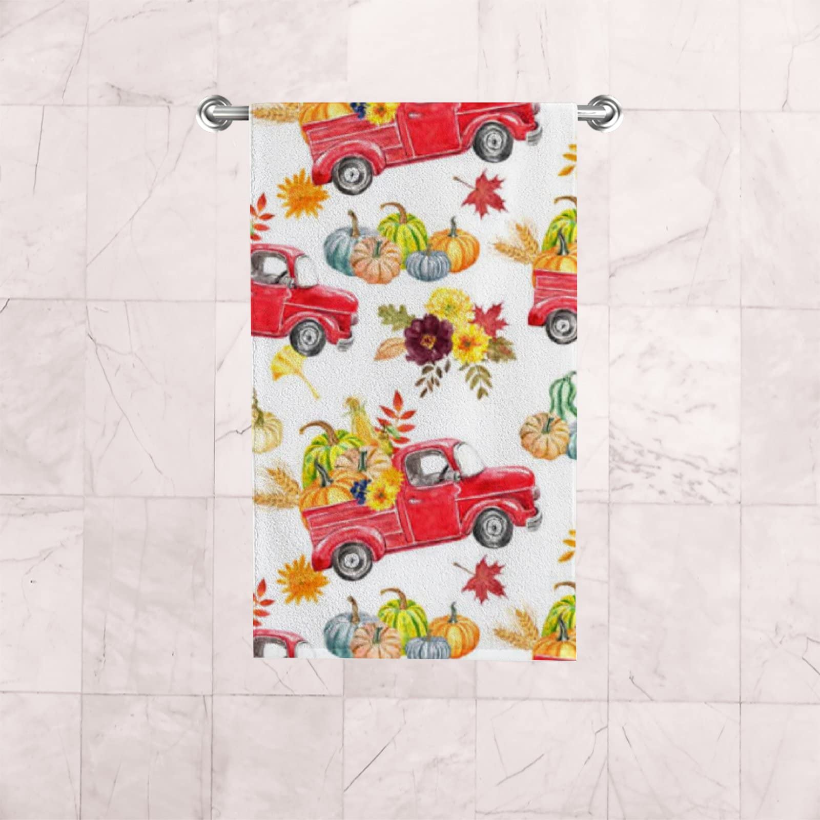 Vantaso 2-Pack Red Truck Autumn Pumpkin Sunflower Bath Hand Towels - Soft, Absorbent Washcloths for Kitchen, Bathroom, Hotel, Gym & Spa | Perfect for Fall Decor, Farmhouse Style & Cozy Home Use