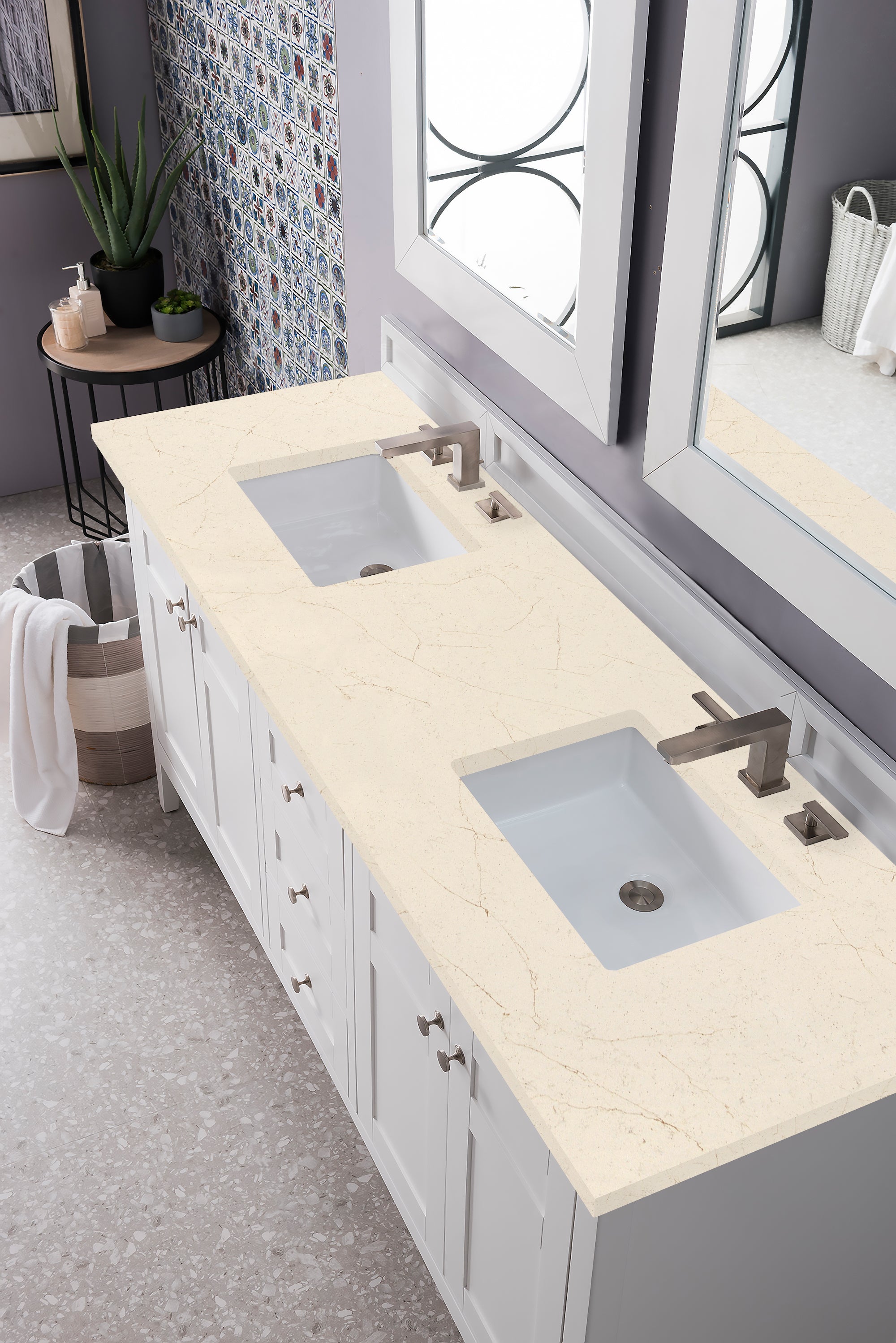 Palisades 72 Inch Double Bathroom Vanity with 3CM Eternal Marfil Quartz Countertop in Bright White - Perfect for Master Bathroom & Guest Bathroom Renovation