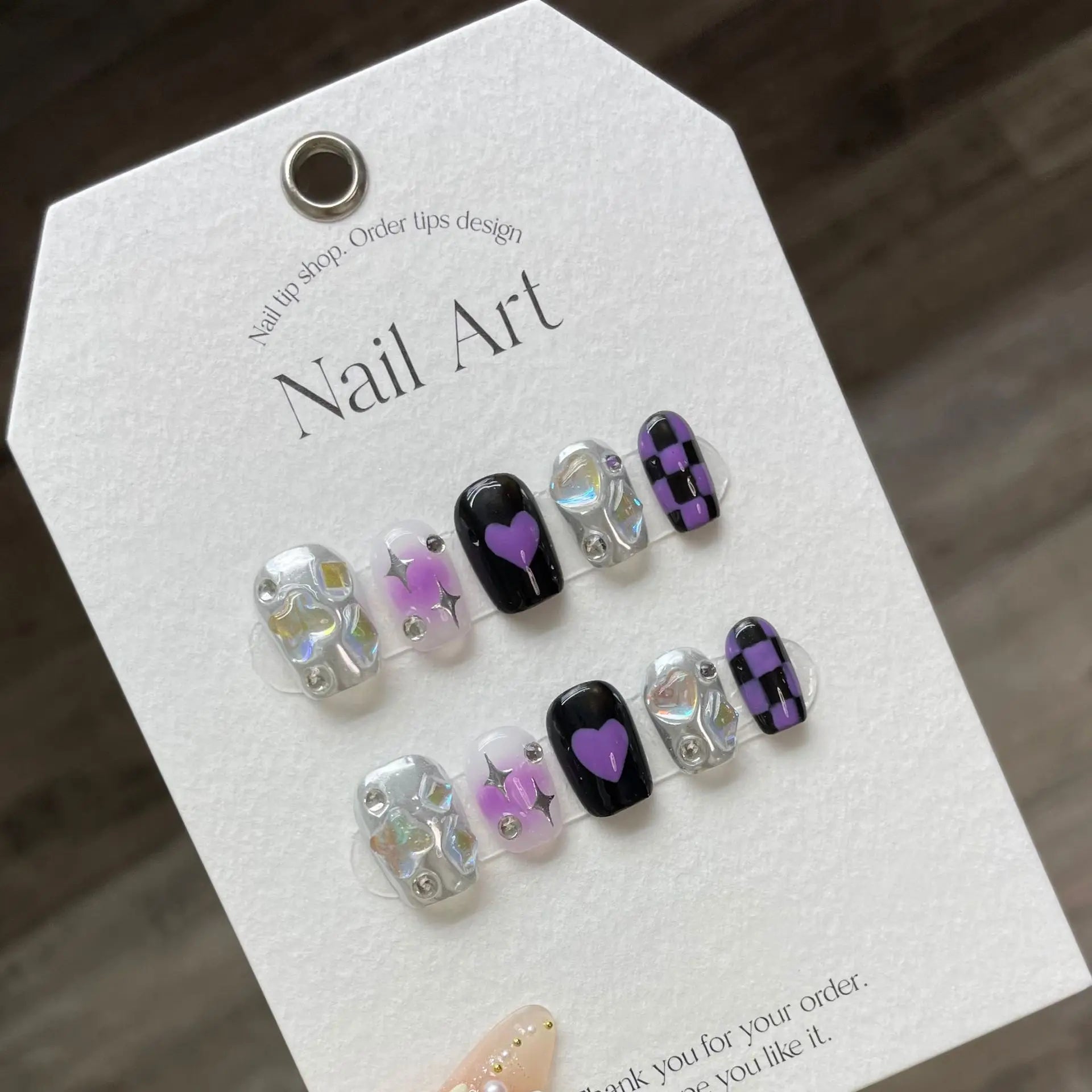 10Pcs Black Pink Cat Eye Checkered Press on Nails - Shimmery Heart Gel False Nails with Glue - Handmade Acrylic Nail Tips for Parties, Weddings & Special Occasions