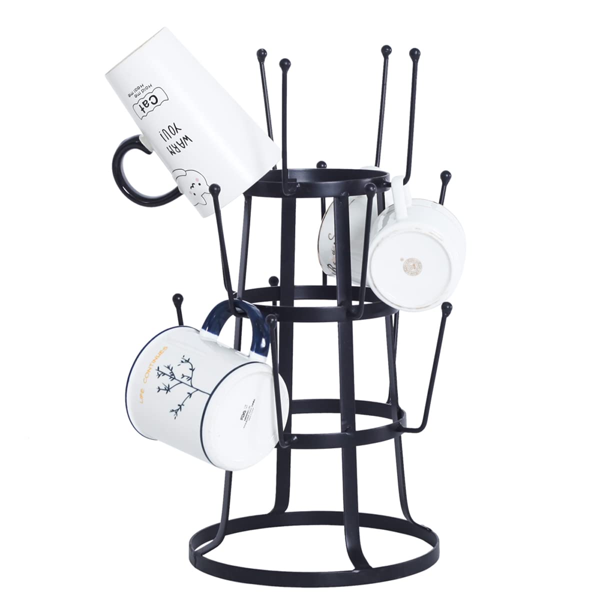 Stylish Black Steel Mug Tree Holder with 15 Hooks - Drying Storage Rack for Coffee Cups & Mugs - Space-Saving Kitchen Organizer for Home, Office or Café Display