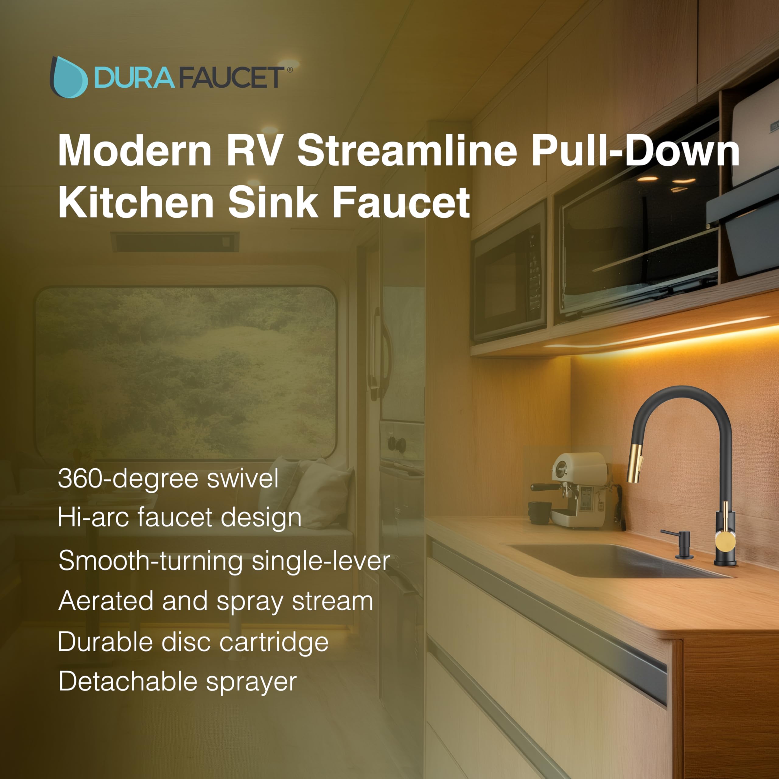 Dura Faucet RV Streamline Single Handle Pull-Down Kitchen Sink Faucet with Optional Deck Plate - Matte Black or Rose Gold Finish for RV, Camper, Tiny Home & Mobile Kitchen Applications