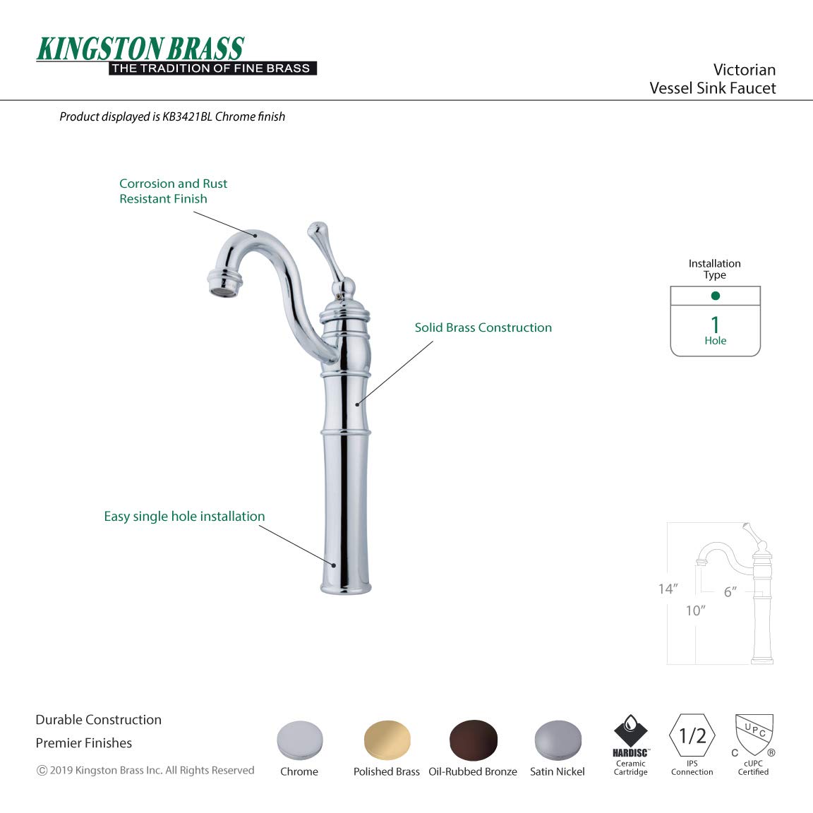 Elements of Design EB3425BL Boston Single Handle Vessel Sink Faucet - Oil Rubbed Bronze Finish, 6-1/8