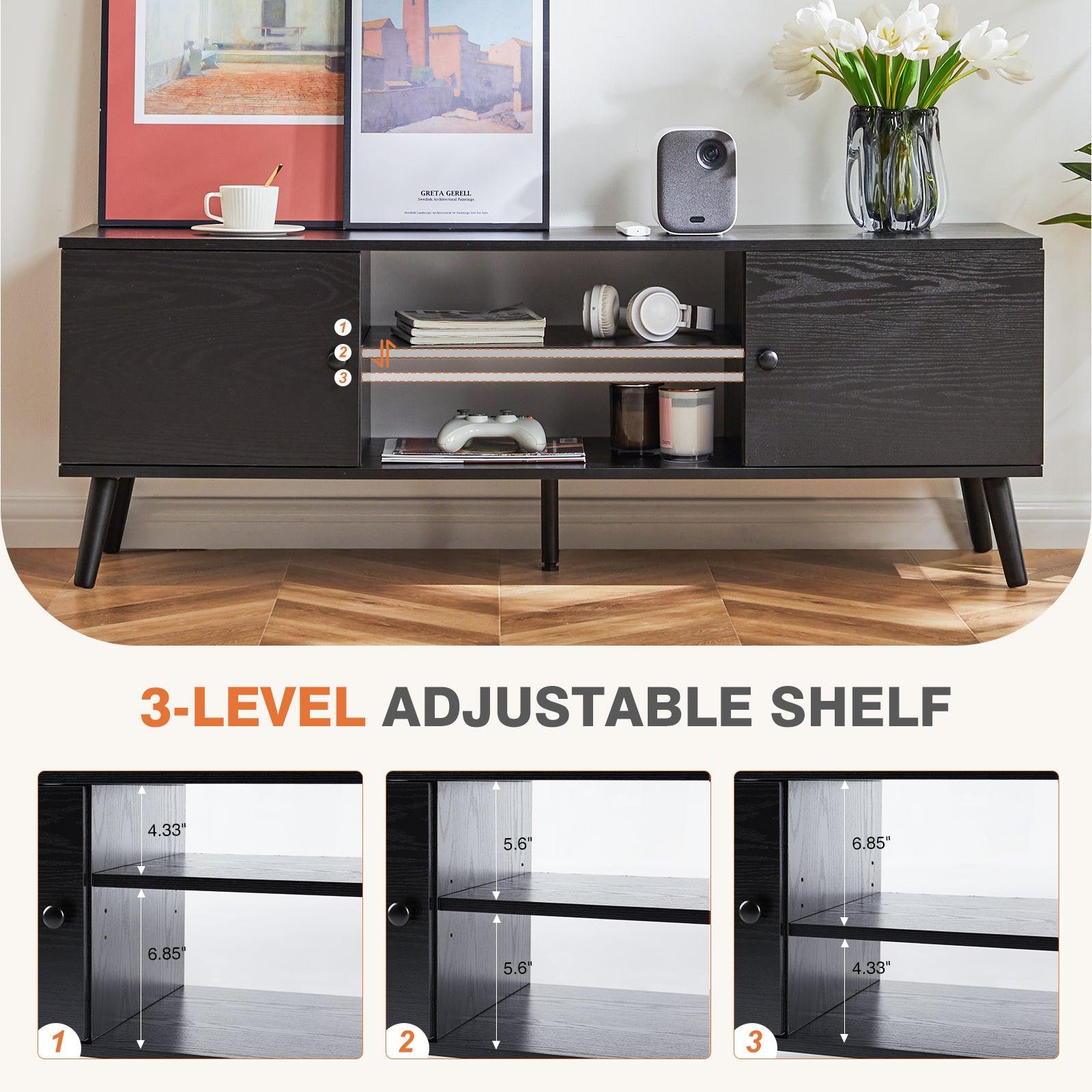 60 Inch TV Stand with Adjustable Shelves & 2 Storage Cabinets - Modern Black TV Media Console for Living Room & Bedroom - Perfect for Entertainment Centers & Home Theater Setups