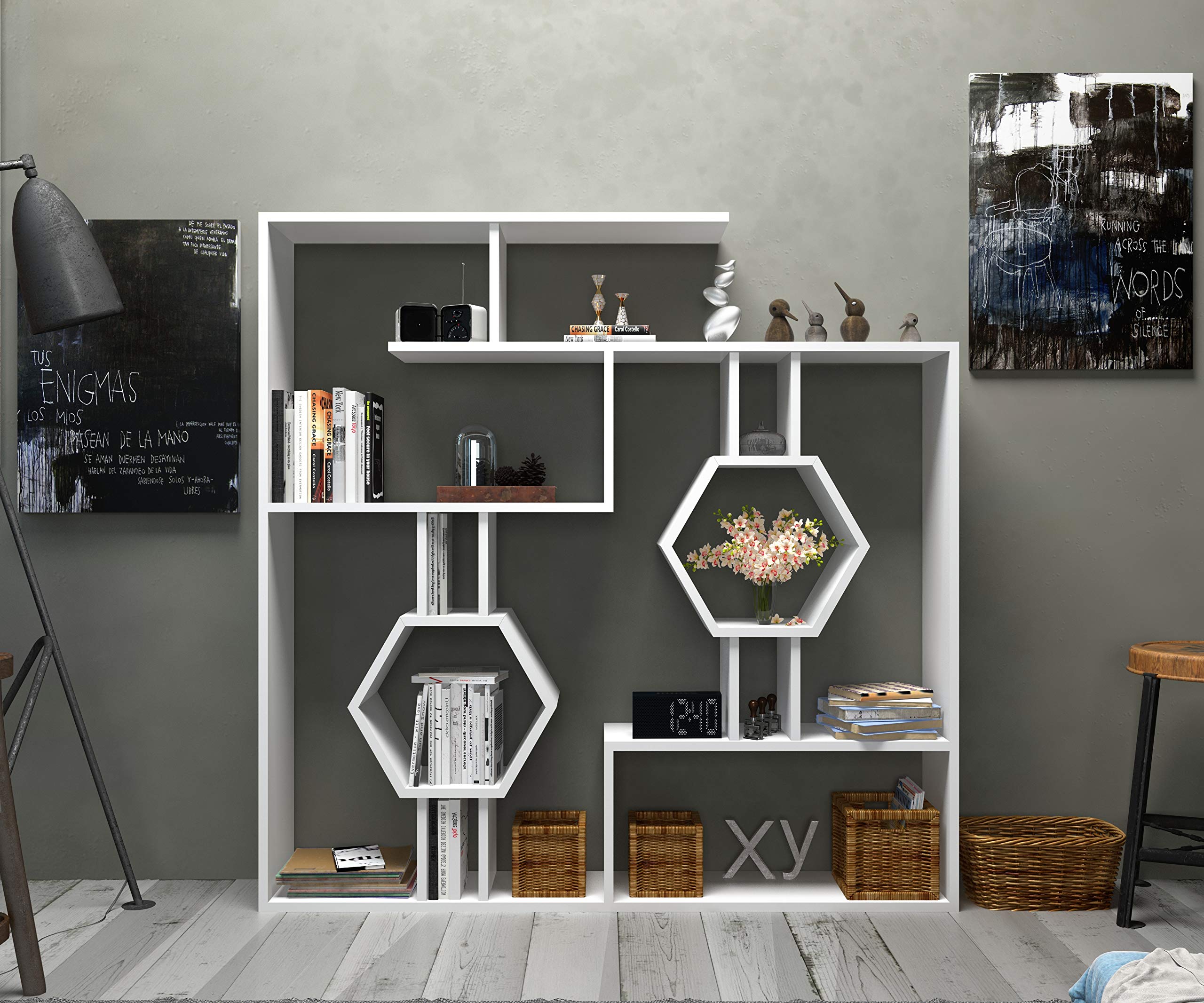 Decorotika - Tamara Geometric Bookcase, Modern Bookshelf with Cubic Shelves, White Storage Unit - Perfect for Living Room, Office & Bedroom Organization