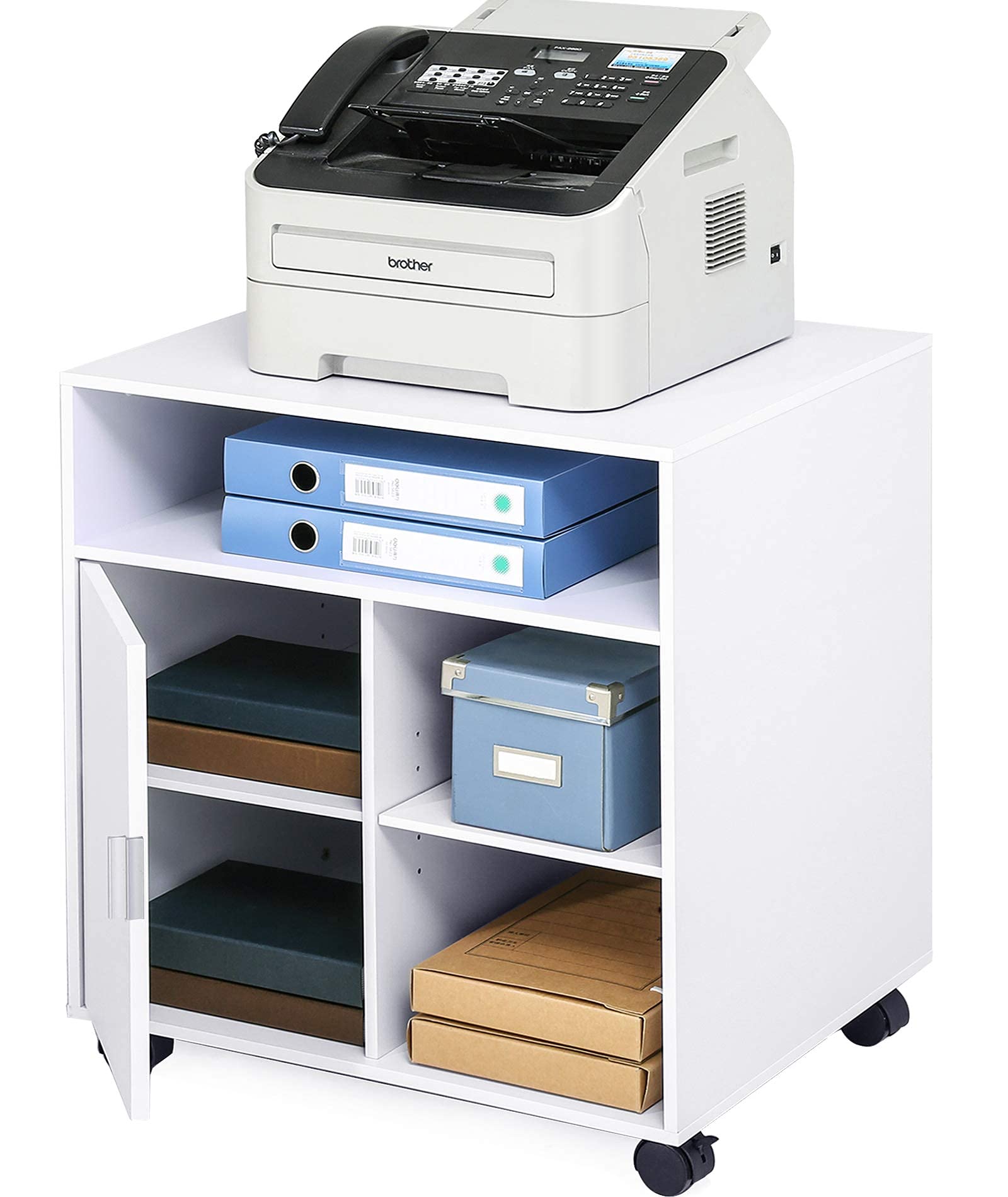 FITUEYES White Wooden Printer Cabinet with Door - Adjustable Shelves Mobile Printer Stand on Wheels for Home Office - Storage for File Folders, Ink Cartridges & Office Supplies (PS406005WW) | Perfect for Small Spaces & Organized Workspaces