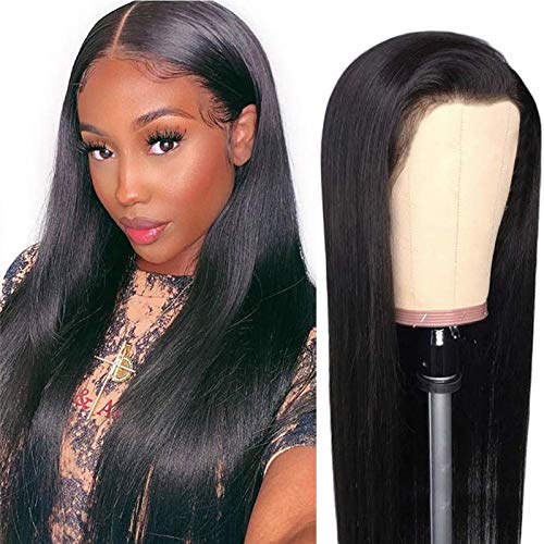 100% Unprocessed Brazilian Virgin Human Hair Wigs for Women - 22 Inch Black Long Straight Lace Front Wig with Medium Part & Bangs | Perfect for Daily Wear, Cosplay, Weddings & Special Occasions