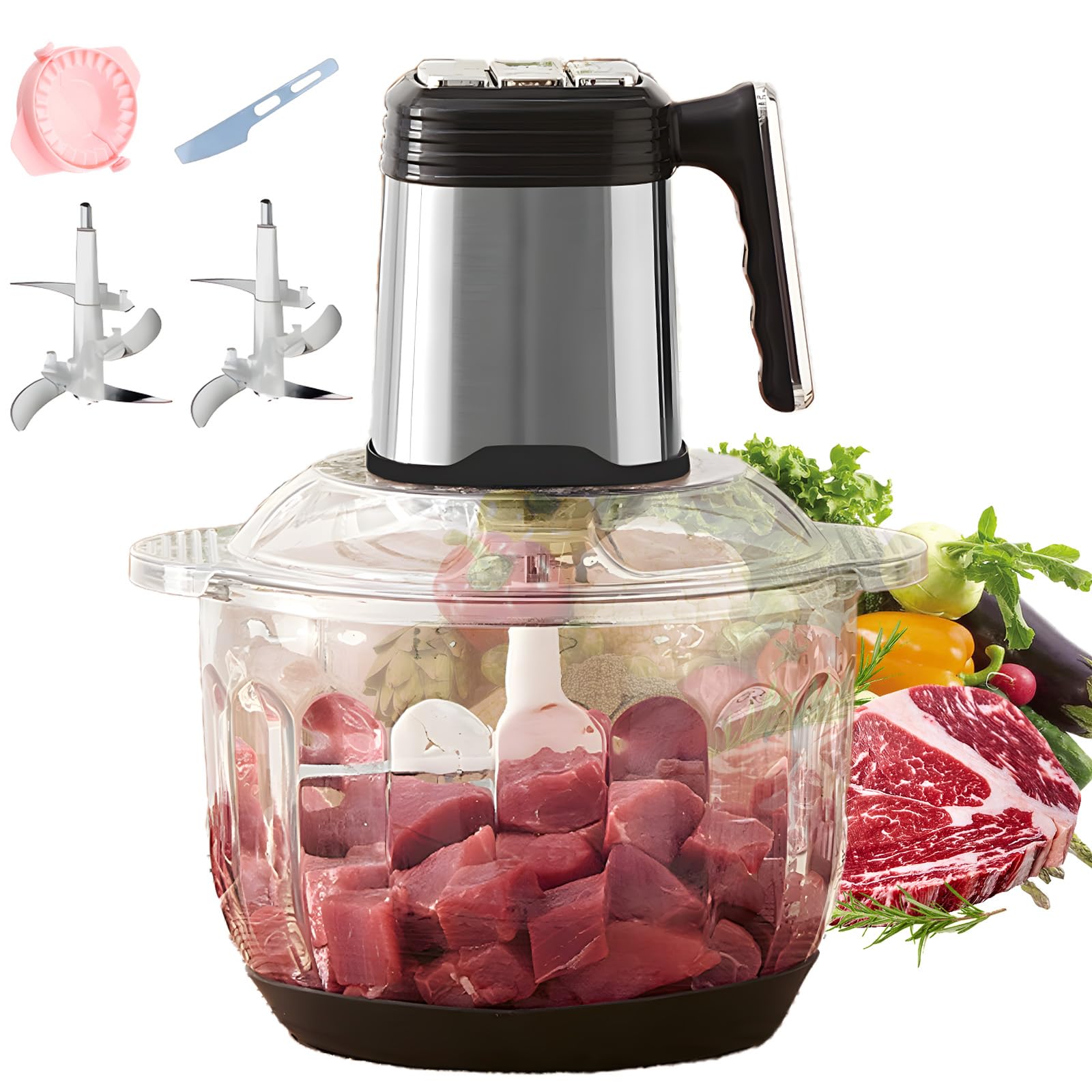 500W Electric Food Processor & Meat Grinder - 3L (8 Cup) Glass Bowl with Handle, 2 Sharp Blades & 2 Speeds - Powerful Kitchen Chopper for Vegetables, Onions, Garlic, Meat, Nuts - Perfect for Meal Prep, Smoothies, and Homemade Sauces