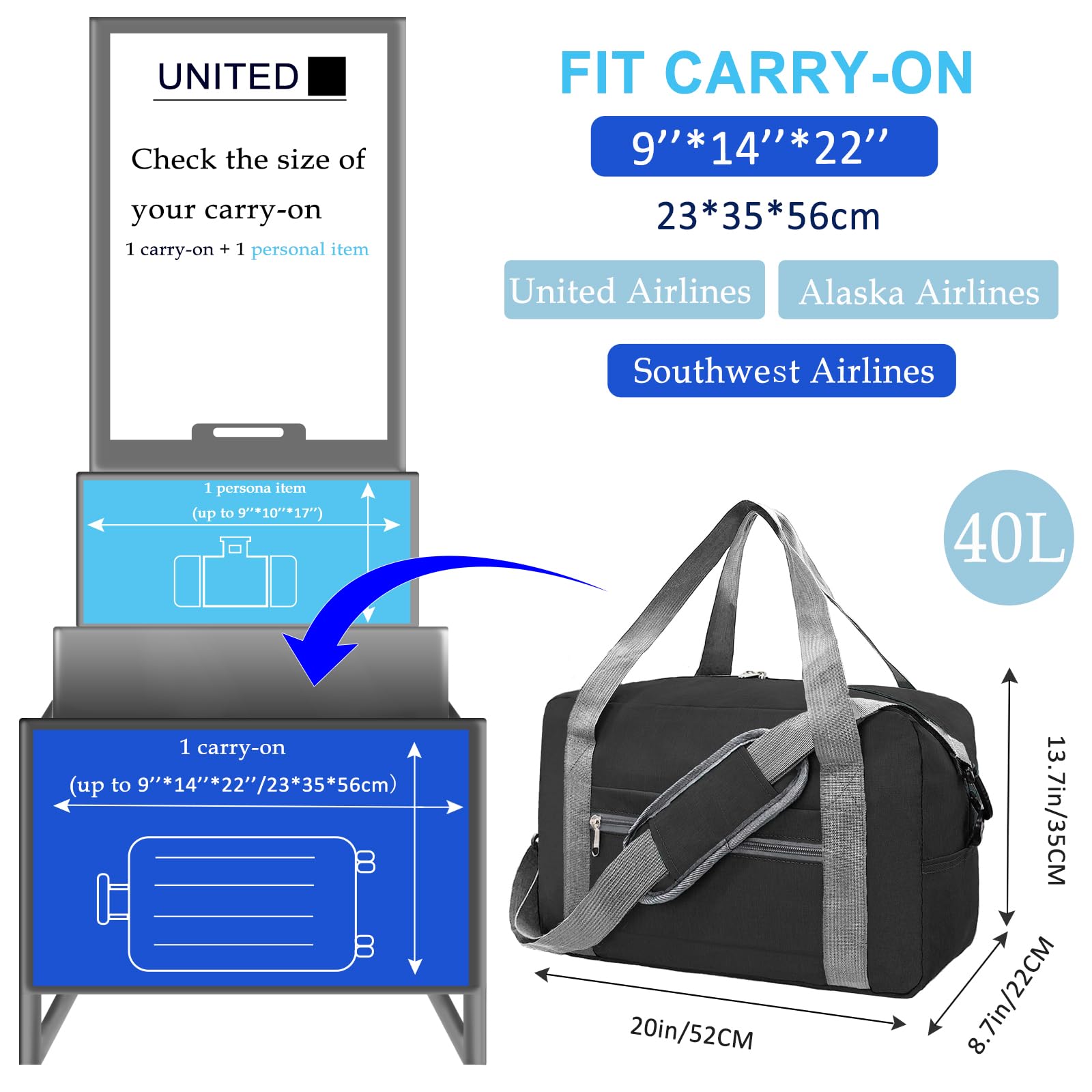Foldable Carry On Luggage 22x14x9 Inches - 40L Travel Duffel Bag for Women & Men, Airplane Approved Personal Item Bag (Black) - Perfect for Weekend Trips, Business Travel & Gym Use