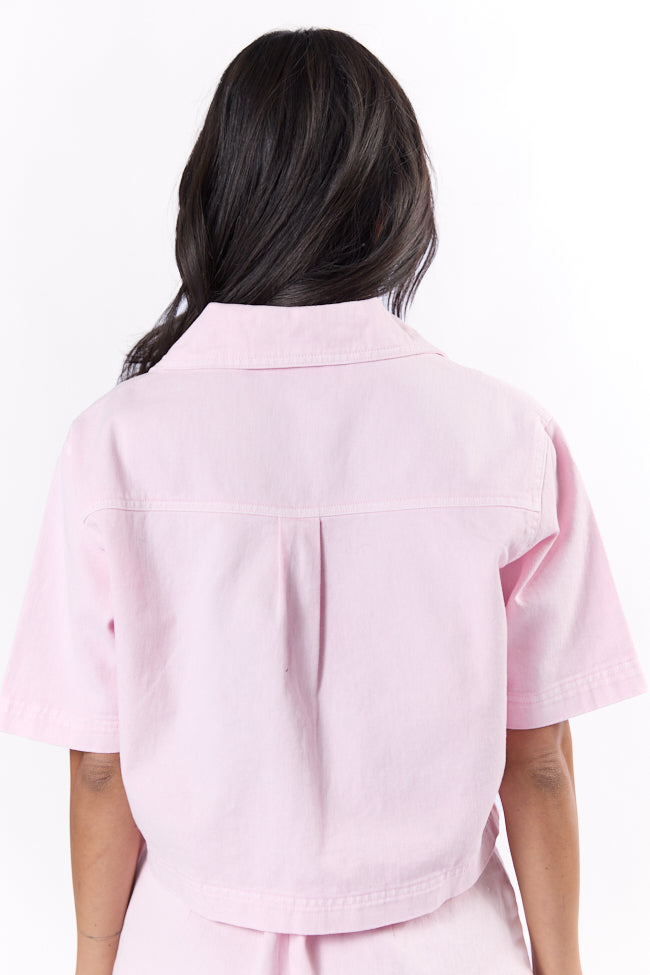 Trendy Soft Pink Cropped Denim Top for Women | Vintage Style Distressed Denim Shirt | Perfect for Summer Outfits, Music Festivals & Casual Streetwear