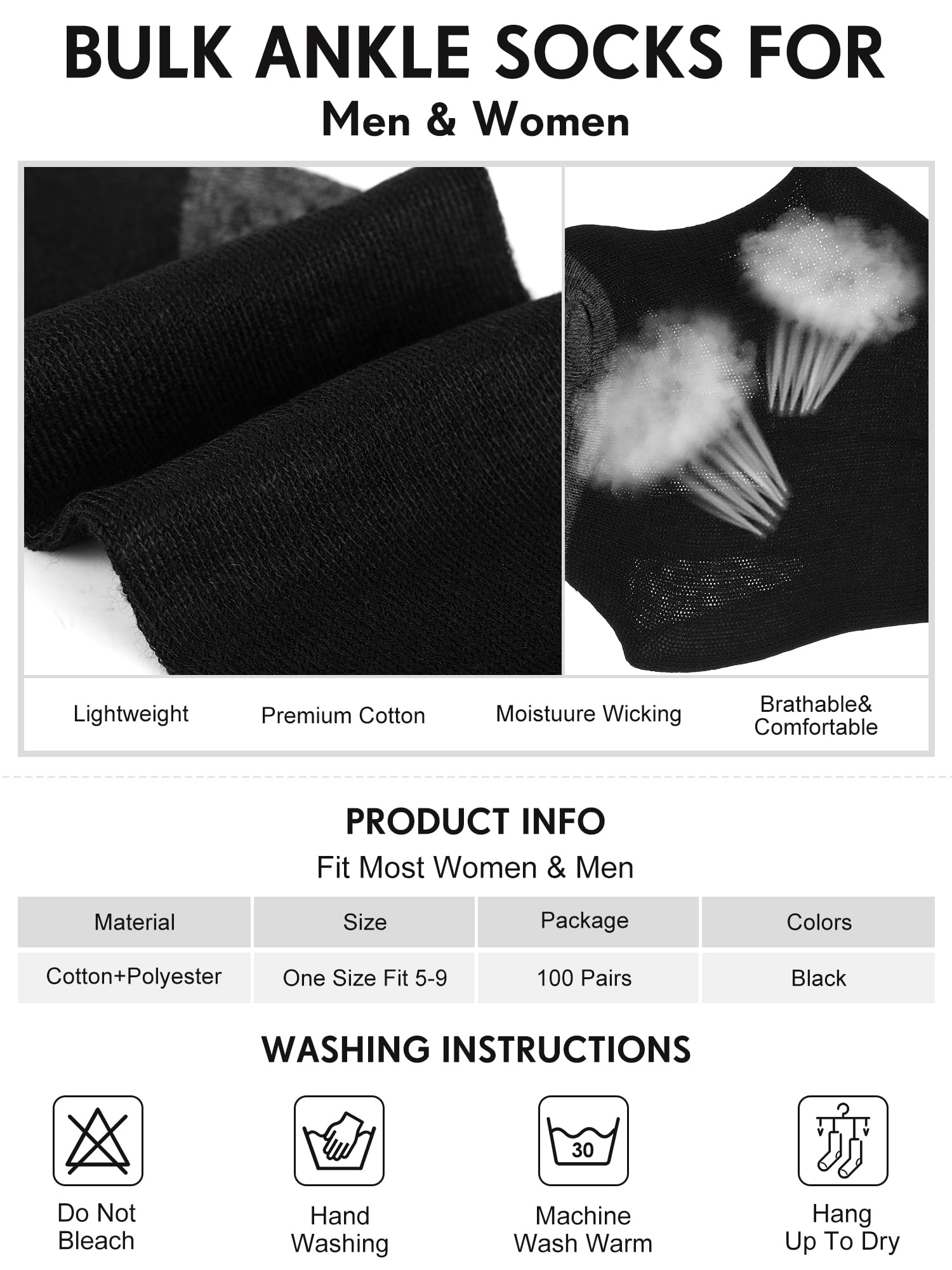 Tarpop 100 Pairs Bulk Socks for Men - Moisture Wicking Athletic Ankle Socks (Unisex Adults) - Perfect for Sports, Gym, Hiking & Homeless Shelter Donations