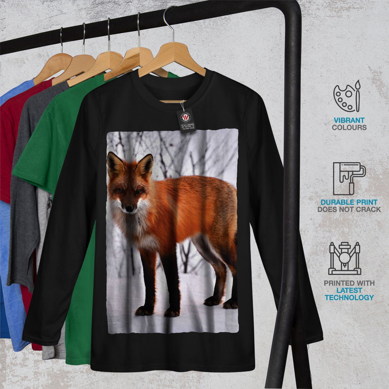 Wellcoda Fox Winter Animal Print Men's Long Sleeve Graphic T-Shirt - Cozy Casual Wear for Outdoor Adventures & Holiday Gatherings