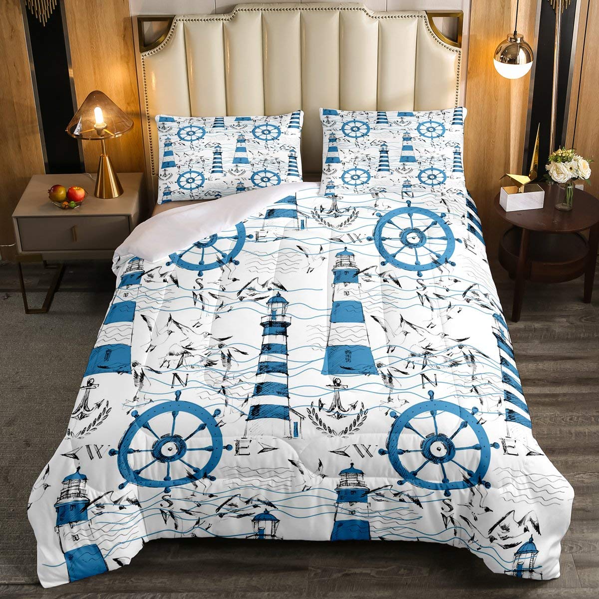 Lighthouse Comforter Set Queen Size - Nautical Ocean Theme Bedding with Seagull Duvet Insert for Kids & Teens - Includes 2 Pillowcases - Perfect for Boys & Girls Bedroom Decor, Coastal Themed Rooms & Ship Anchor Home Decor