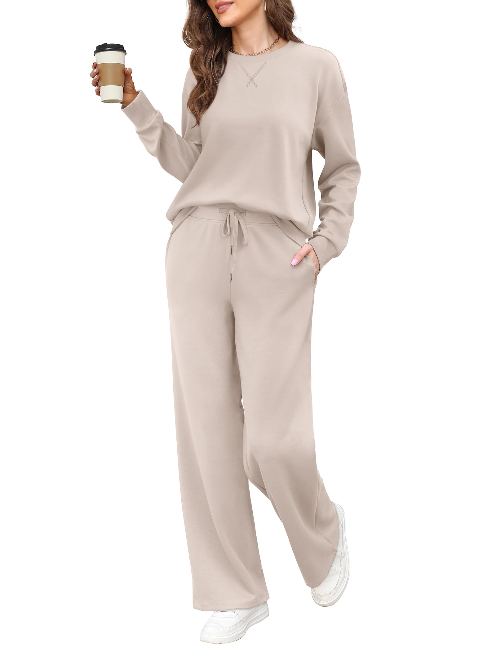 Women's 2-Piece Lounge Set - Soft Crewneck Sweatshirt & Wide Leg Sweatpants | Cozy Matching Outfits for Travel, Fall Season & Home Relaxation