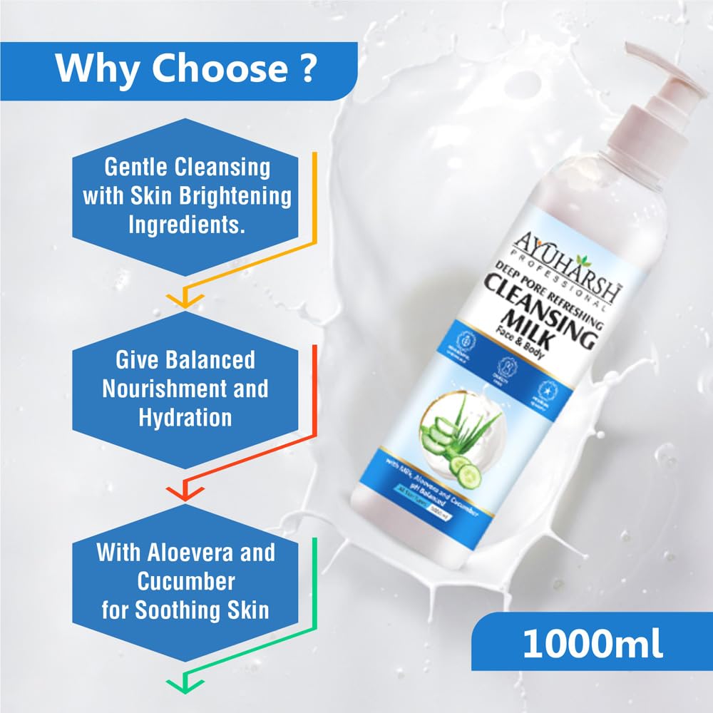 Deep Pore Cleansing Milk with Aloe Vera & Milk - 1000ml Gentle Makeup Remover for Soft, Moisturized & Glowing Skin - Men & Women - Perfect for Daily Skincare & Post-Makeup Cleansing Routine