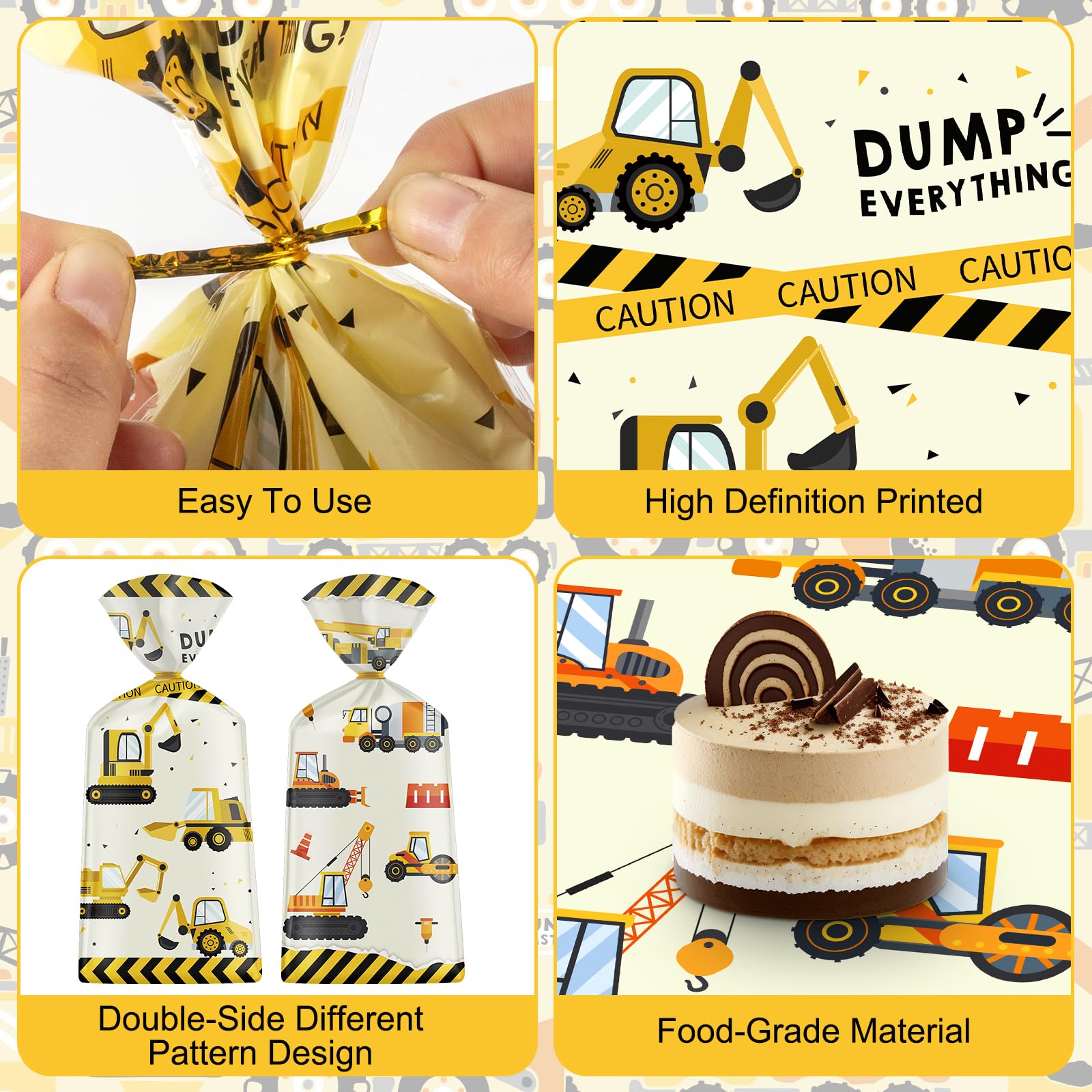 50 Pack Construction Party Favor Bags - Heavy Duty Truck Themed Cellophane Goodie Bags with Gold Twist Ties for Kids Birthday Party, Baby Shower & School Events | Construction Theme Treat Bags for Candy, Snacks & Small Gifts