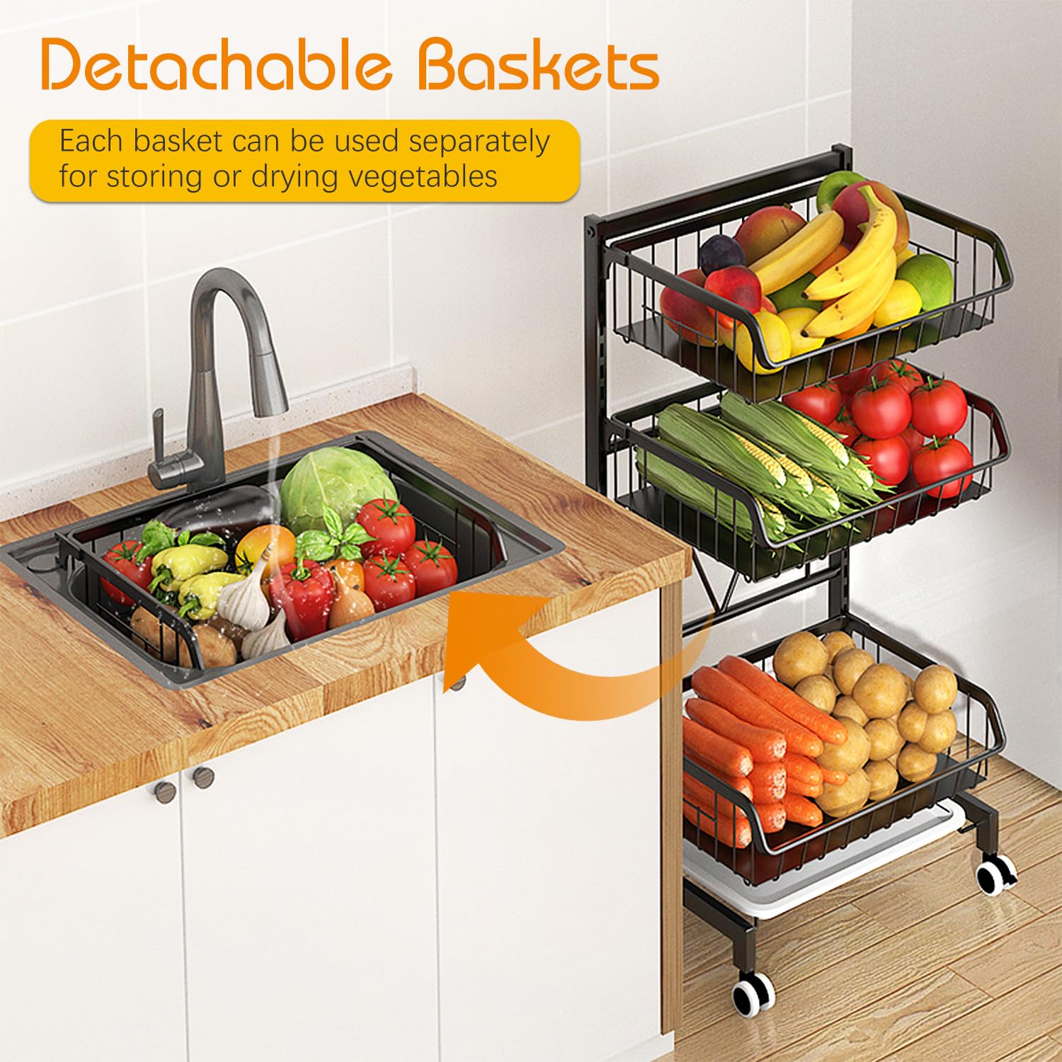 4-Tier Rolling Kitchen Cart with Wheels - Adjustable Metal Wire Storage Organizer for Fruits, Vegetables, Pantry & Utility Room - Black Snack Basket Rack (Handle Not Included) - Perfect for Small Spaces, Dorm Rooms & Kitchen Organization