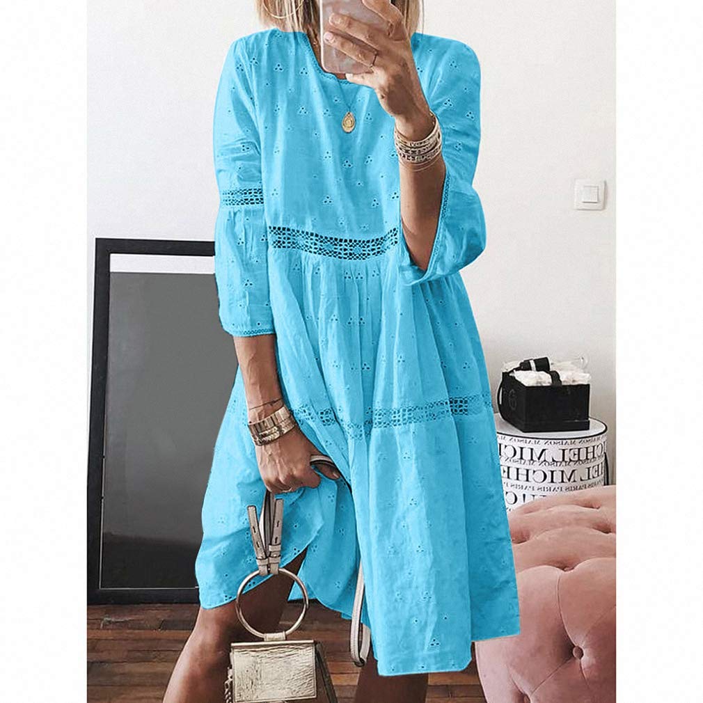 Boho Solid Crew Neck Hollow Out Sleeve Midi Dress for Women - Summer Beach Plus Size Dress | Perfect for Vacations, Casual Outings & Boho Fashion
