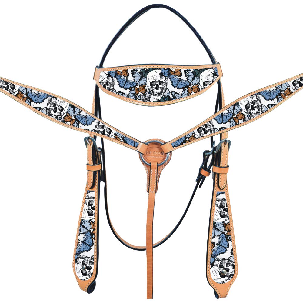 HILASON Western Horse Headstall & Breast Collar Set - Genuine American Leather Skull Design | Durable Leather Headstall & Breast Collar | Complete Horse Tack Set for Trail Riding & Rodeo | Perfect for Western Riding, Horse Training & Show Competitions