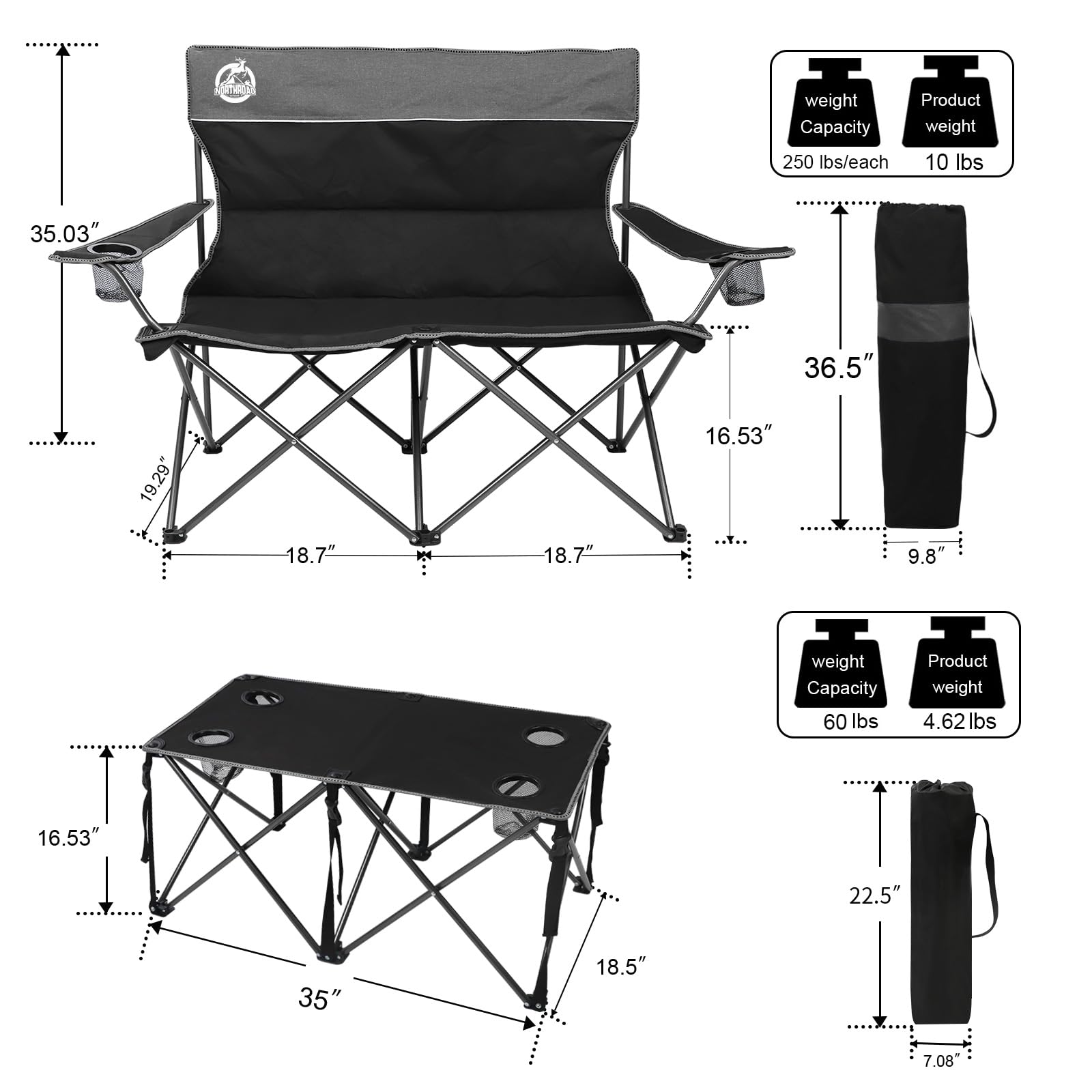 Northroad 4-Piece Outdoor Folding Camping Chair Set with Padded Seats - Includes 1 Loveseat, 2 Single Chairs & Portable Table - Compact Collapsible Design with Carry Bag - Perfect for Patio, Backyard, Beach, Picnics & Outdoor Gatherings (Black)