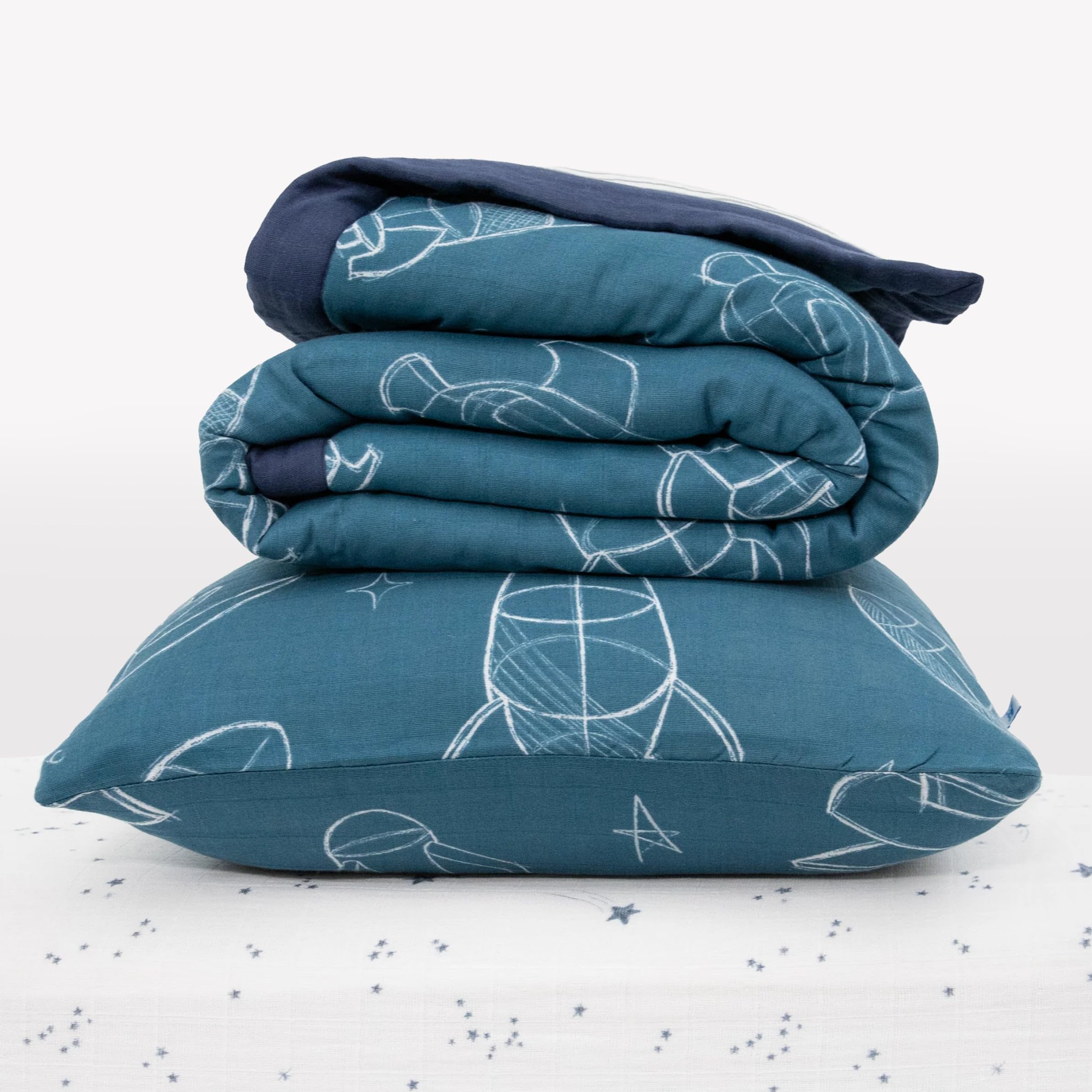 Little Unicorn Cotton Muslin Toddler Bedding Set - 3 Piece Nursery Comforter, Crib Sheet & Envelope Pillowcase | Ultra Soft Breathable Baby Bedding for Boys & Girls | Machine Washable | Space Rocket Blast Off Print | Perfect for Nursery, Daycare or Travel