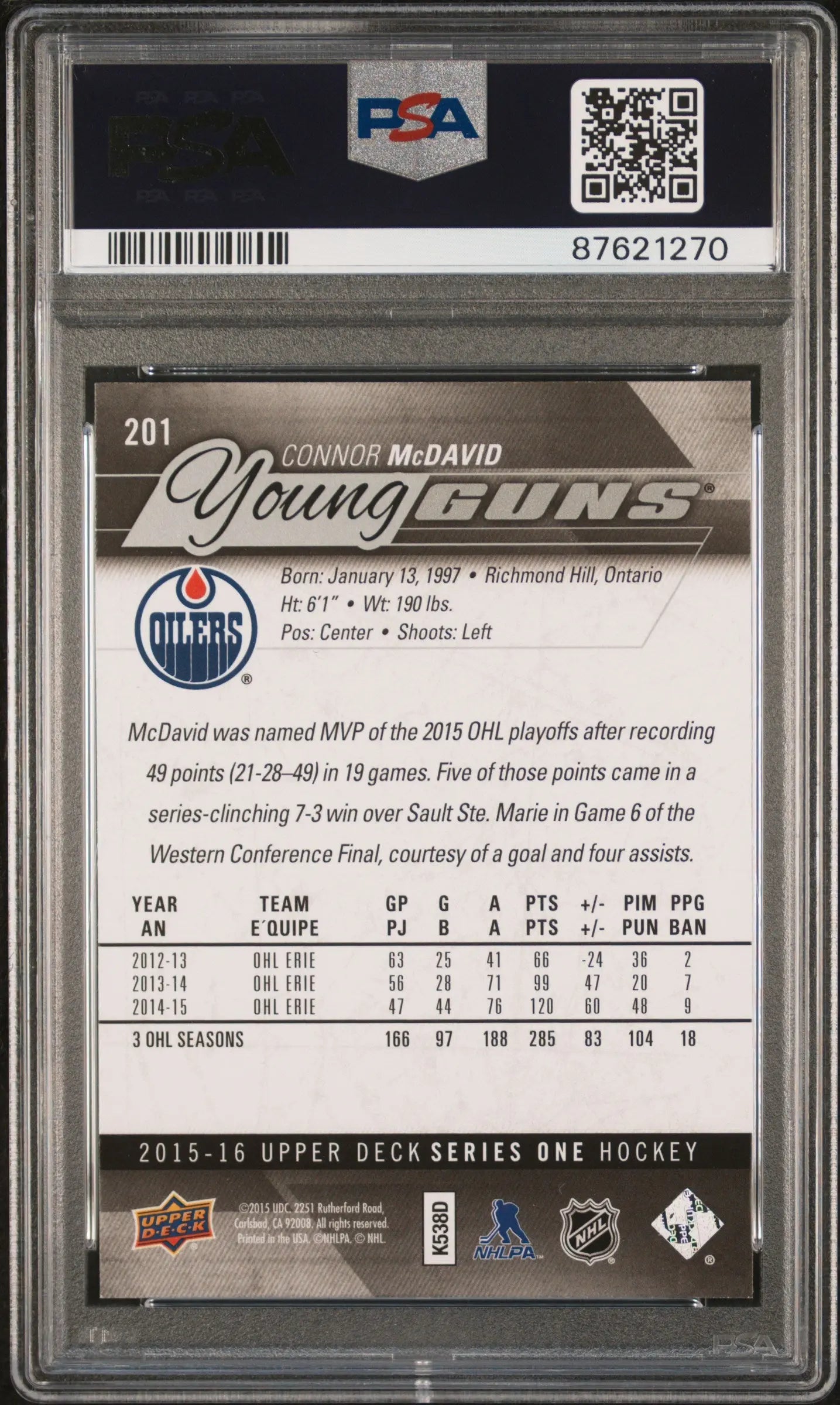 2015-16 Upper Deck Series One Hockey Connor McDavid Young Guns Rookie Card #201 PSA 10 Gem Mint - Perfect for Collectors, Investors & Hockey Fans Display