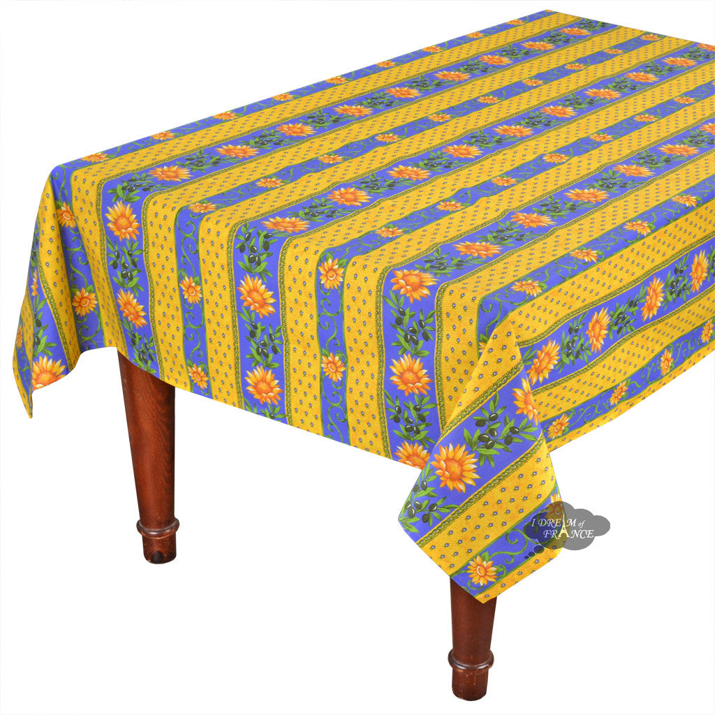 Le Cluny 60x84 Inch Rectangular Sunflower Blue Acrylic Coated Cotton Tablecloth - French Provence Style for Dining Room, Kitchen, and Outdoor Picnic Tables