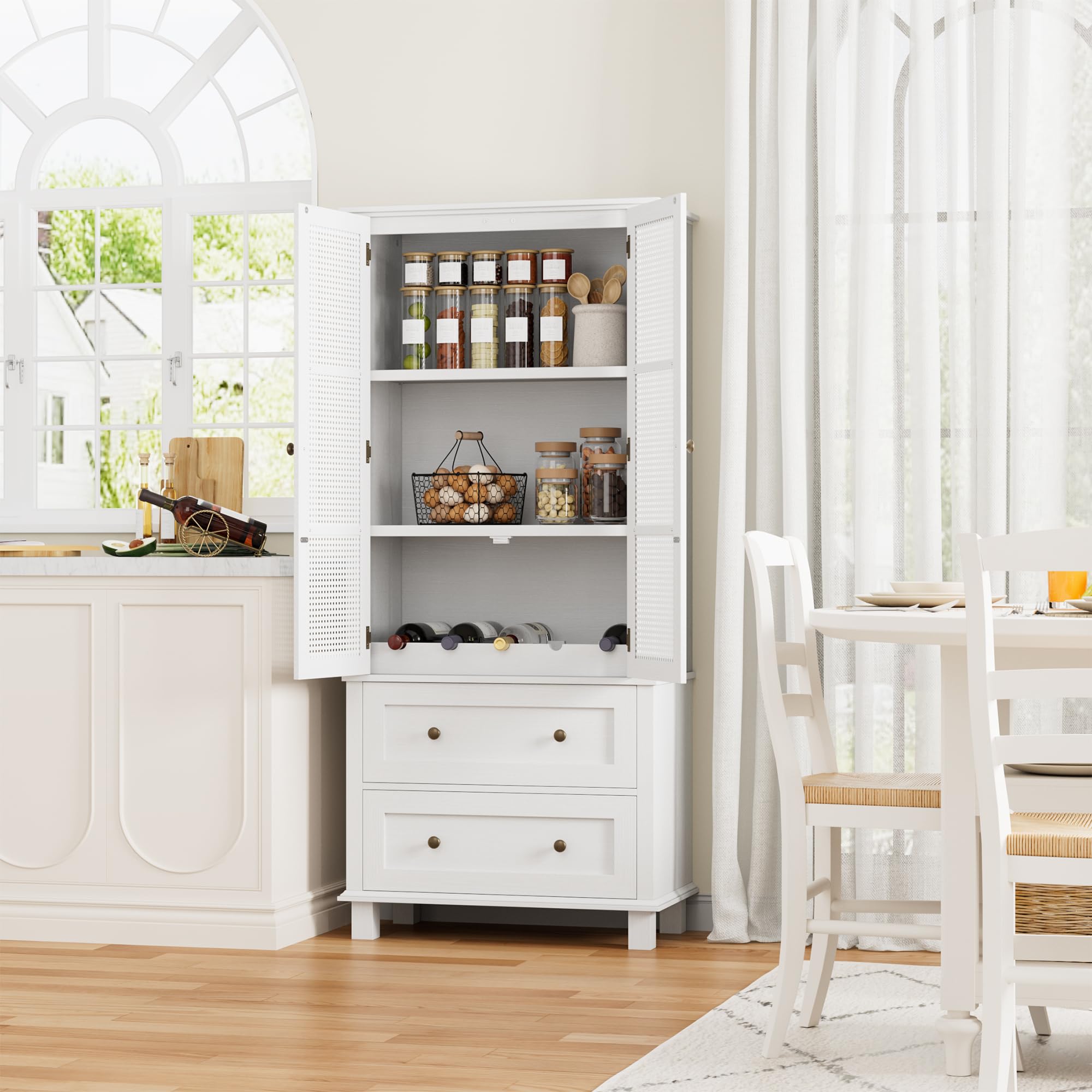 White Kitchen Pantry Storage Cabinet with Rattan Doors & 2 Drawers - Adjustable Shelf Tall Storage Cabinet for Kitchen, Dining Room - Perfect for Organizing Spices, Cookware & Dining Essentials
