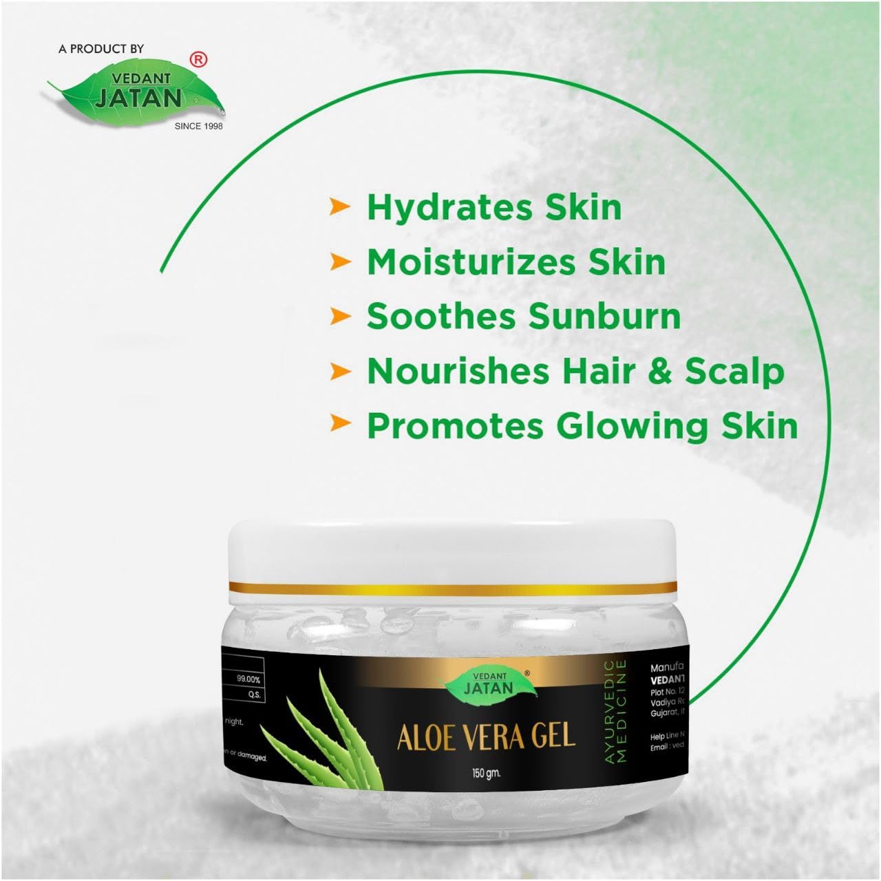 VEDANT JATAN Pure Aloe Vera Gel for Skin & Hair Care - Natural Moisturizer for Face, Acne Scars & Dark Circles (150g) | Perfect for Daily Hydration, Sunburn Relief & Hair Growth