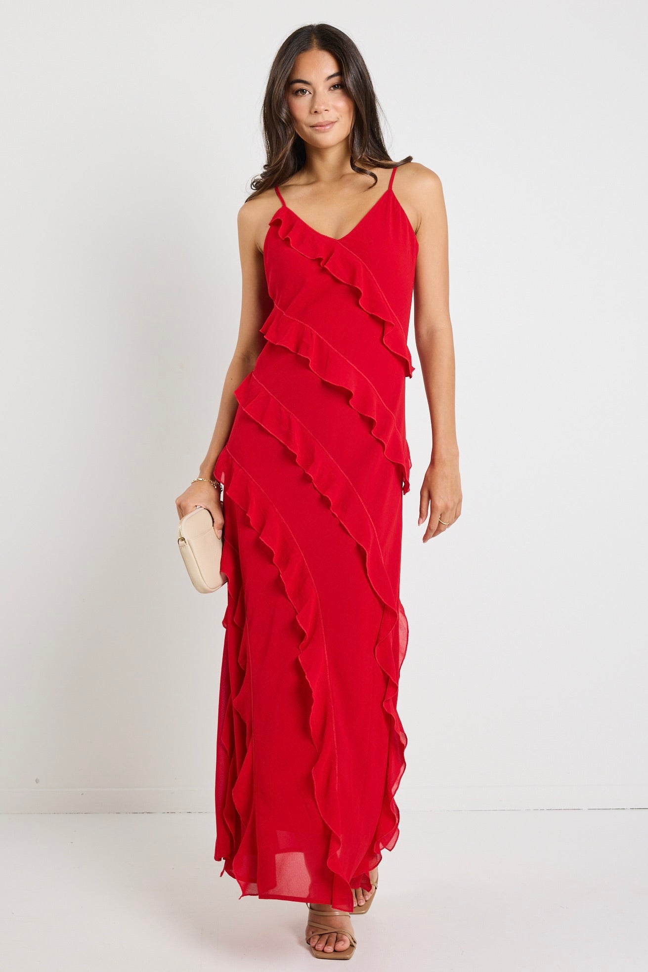 Elegant Galore Flame Bias Ruffle Slip Maxi Dress for Women - Flowy Summer Beach Wedding Party Gown - Perfect for Vacations, Date Nights & Special Occasions