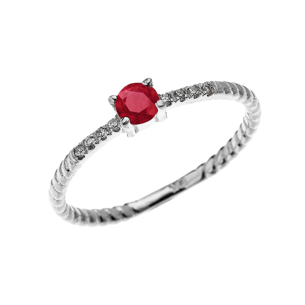 14K White Gold Dainty Solitaire Ruby and Diamond Rope Design Engagement Ring - Elegant Proposal & Stackable Wedding Band for Women, Perfect for Anniversaries, Valentine's Day Gifts and Everyday Wear