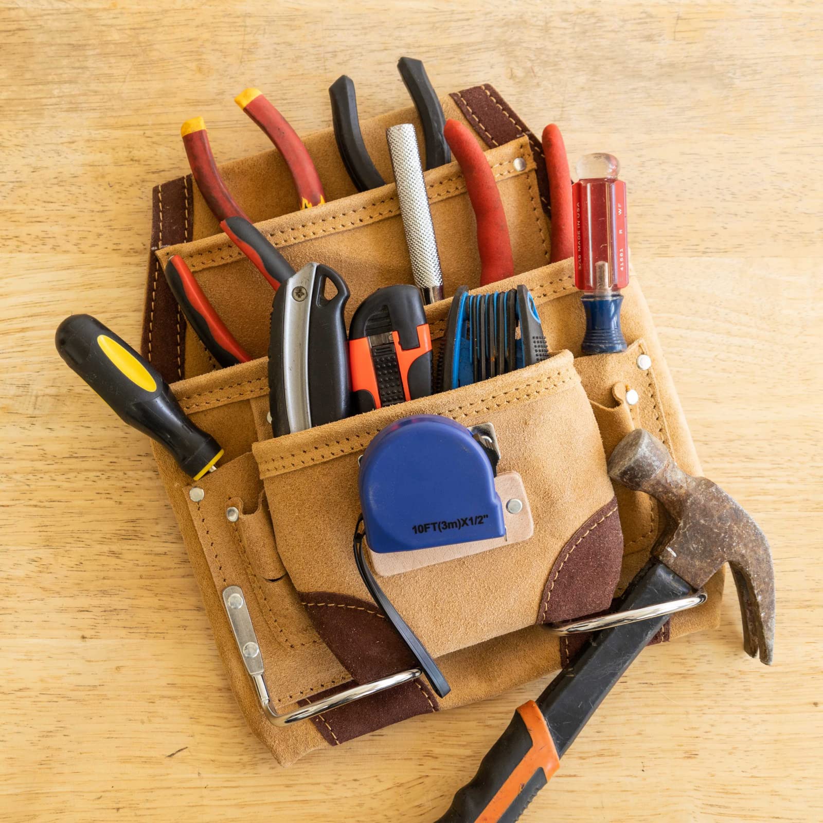 10-Pocket Suede Leather Tool Pouch - Heavy Duty Hammer Drill Tool Bag for Construction, DIY & Home Improvement Projects