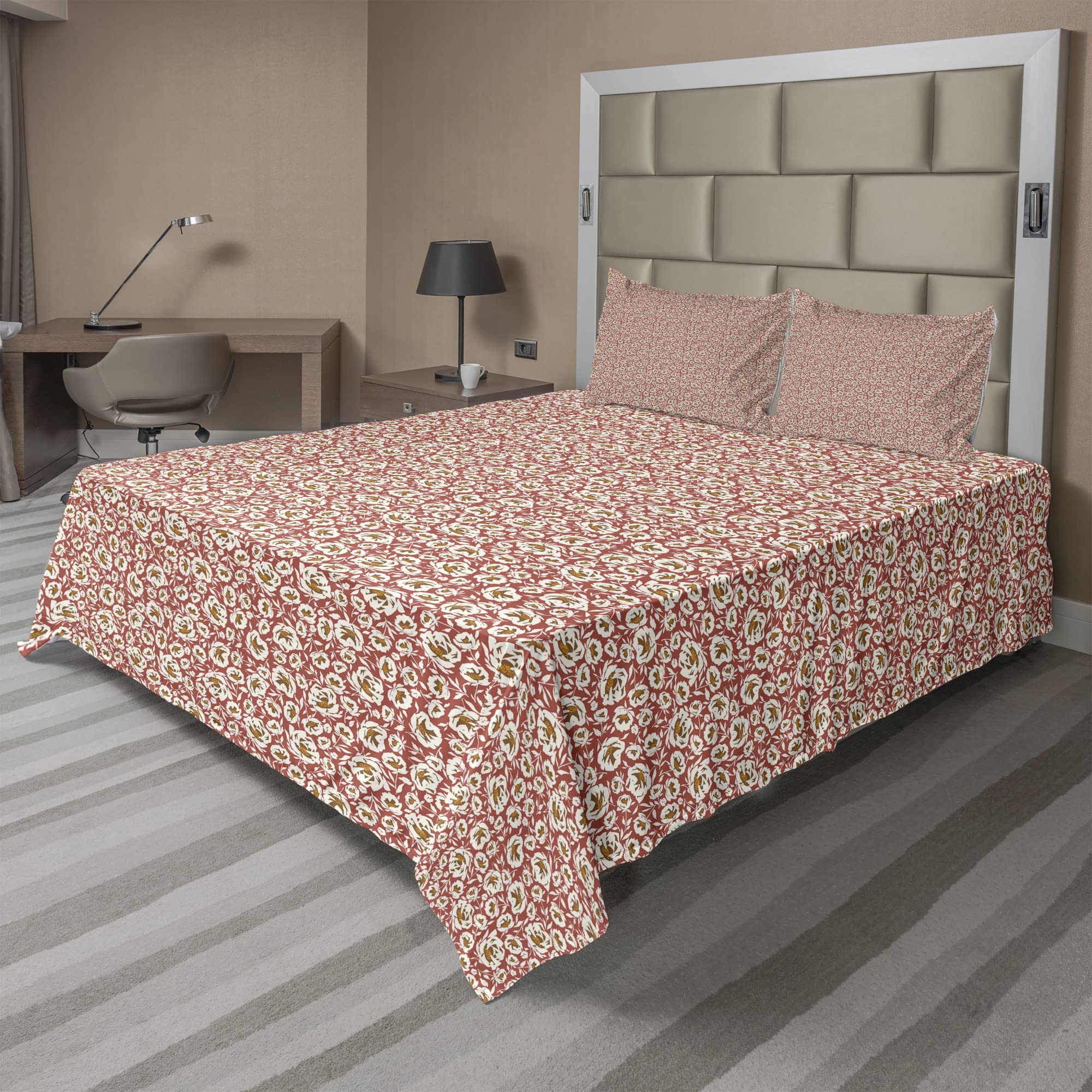 Ambesonne Floral King Sheet Set - 4 Piece Bedding with Warm Autumnal Tones & Spring Blossom Design, Fitted Sheet, Flat Sheet & 2 Pillowcases, Caramel Dark Salmon - Perfect for Cozy Autumn Nights & Spring Refresh