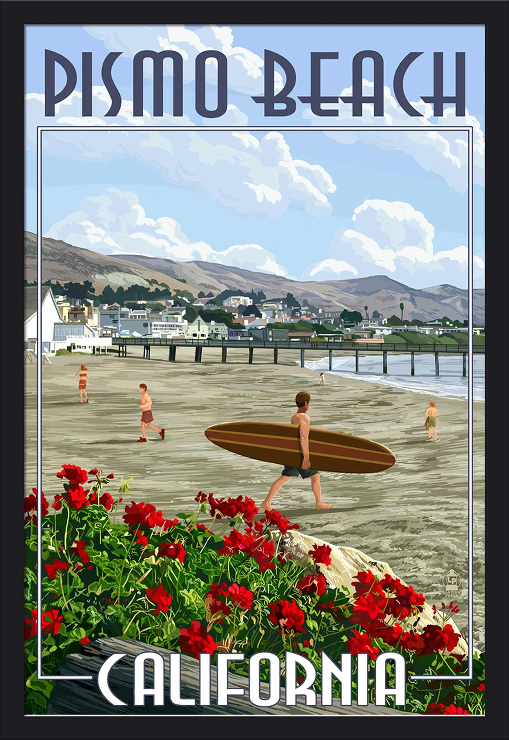 Pismo Beach California Surf Art Print - 24x36 Giclee Wall Decor with Black Wood Gallery Frame - Perfect for Coastal, Beach House & Surfing Enthusiast Home Decor