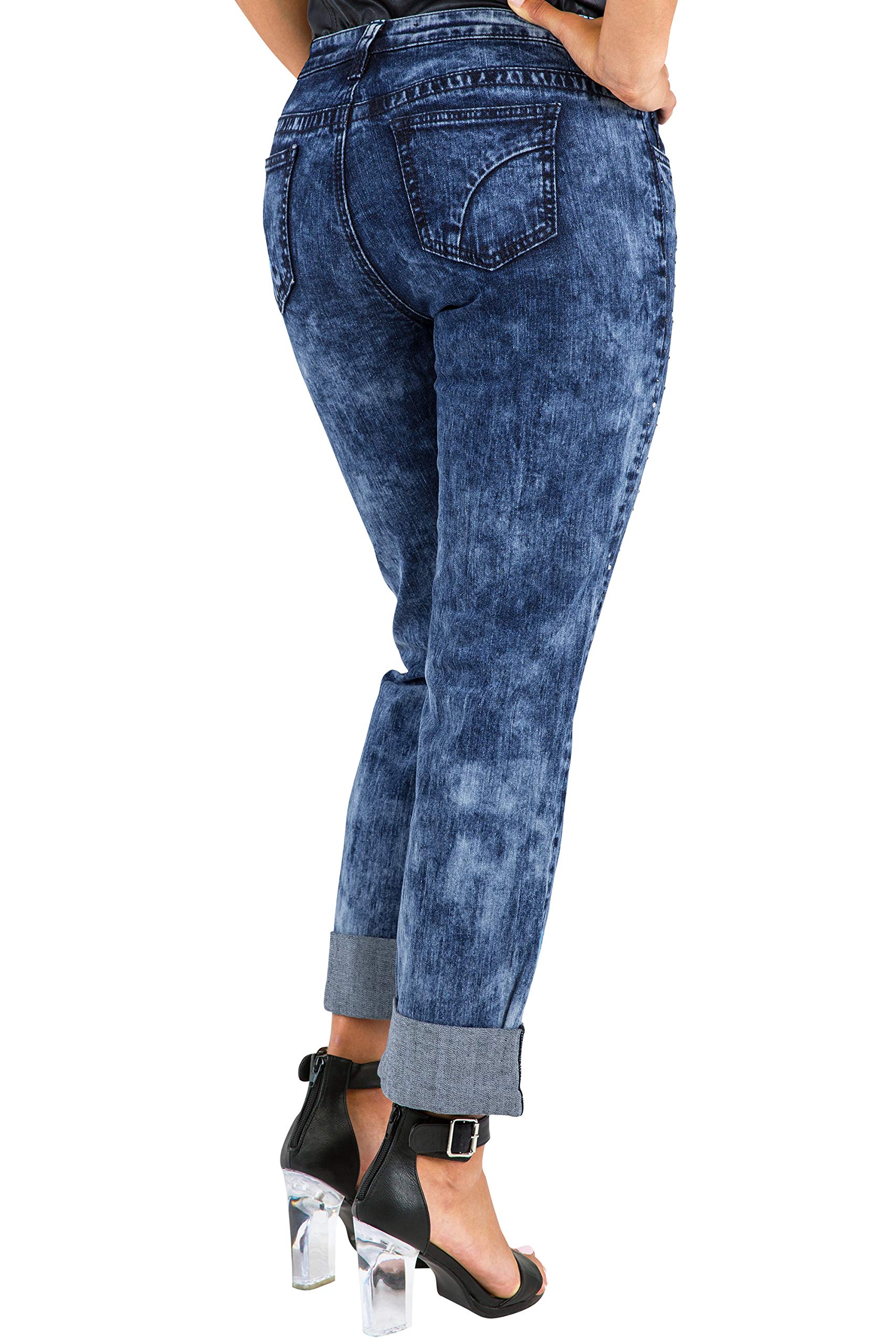 Poetic Justice Women's Curvy Fit Blue Stretch Encrusted Diamond Boyfriend Jeans | High Waist Distressed Denim Pants for Casual Wear & Night Out