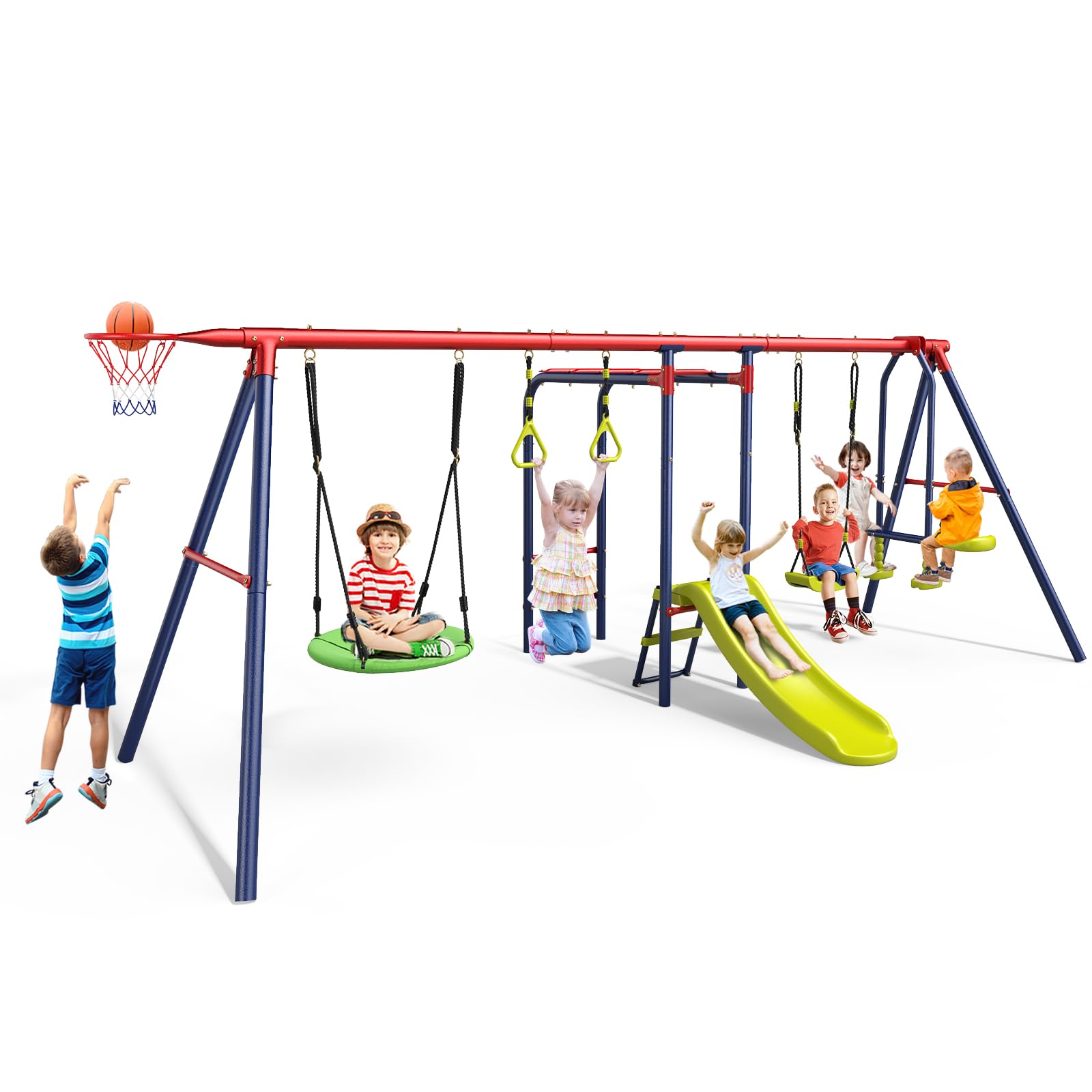OLAKIDS 7-in-1 Heavy Duty Metal Swing Set for Backyard - 660LBS Capacity A-Frame Playset with Monkey Bars, Slide, 2 Swings, Glider, Trapeze Rings & Basketball Hoop | Outdoor Playground Equipment for Kids | Perfect for Backyard Fun, Birthday Gifts & Family Bonding Activities