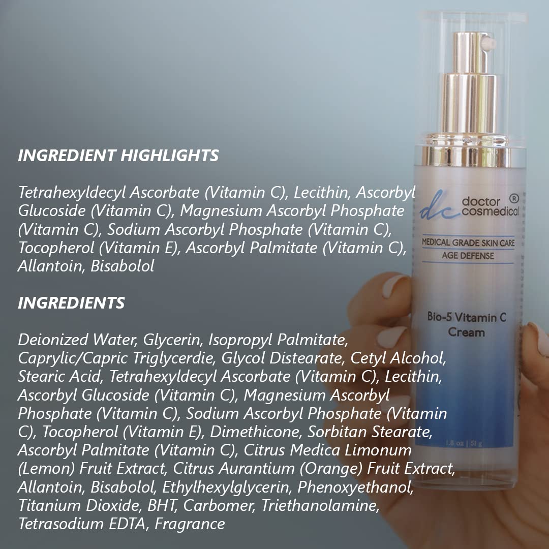 Bio-5 Vitamin C Cream for Anti-Aging - Brightening Face Moisturizer with Natural Fruit Extracts to Reduce Fine Lines, Wrinkles & Dark Spots - 1.8 Oz/51g - Perfect for Daily Skincare Routine & Nighttime Repair