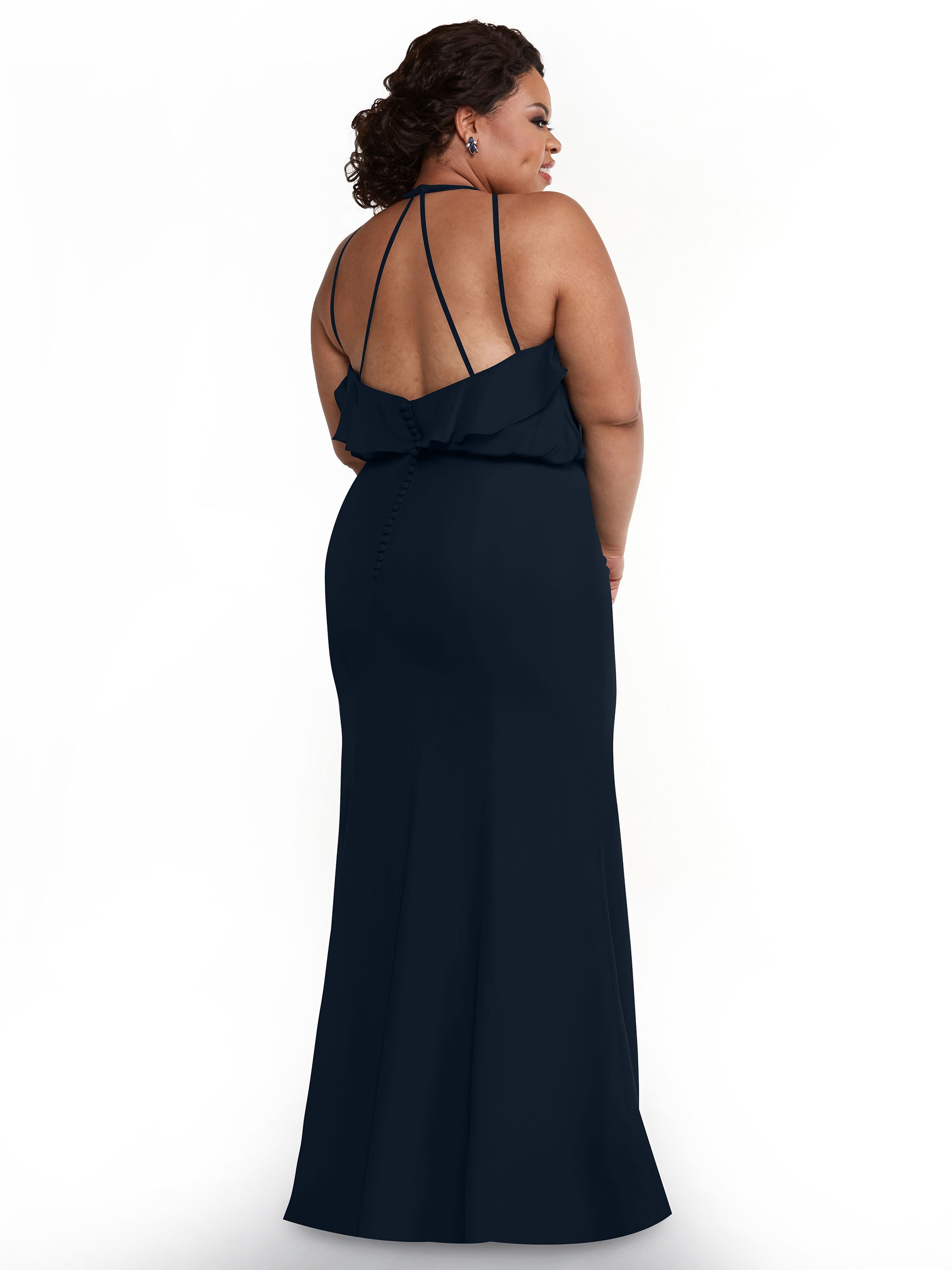 Elegant 80147 Fit and Flare Chiffon Bridesmaid Dress with Ruffled Neckline & Thigh Slit - Perfect for Weddings, Proms, and Formal Events
