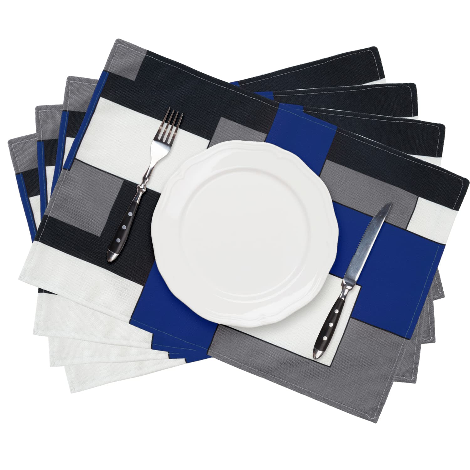 Blue Grey Black White Waterproof Burlap Placemats Set of 4 - 12x18 Inch Geometric Square Washable Dining Table Mats for Kitchen & Home Decor | Perfect for Dinner Parties, Daily Meals, and Holiday Gatherings